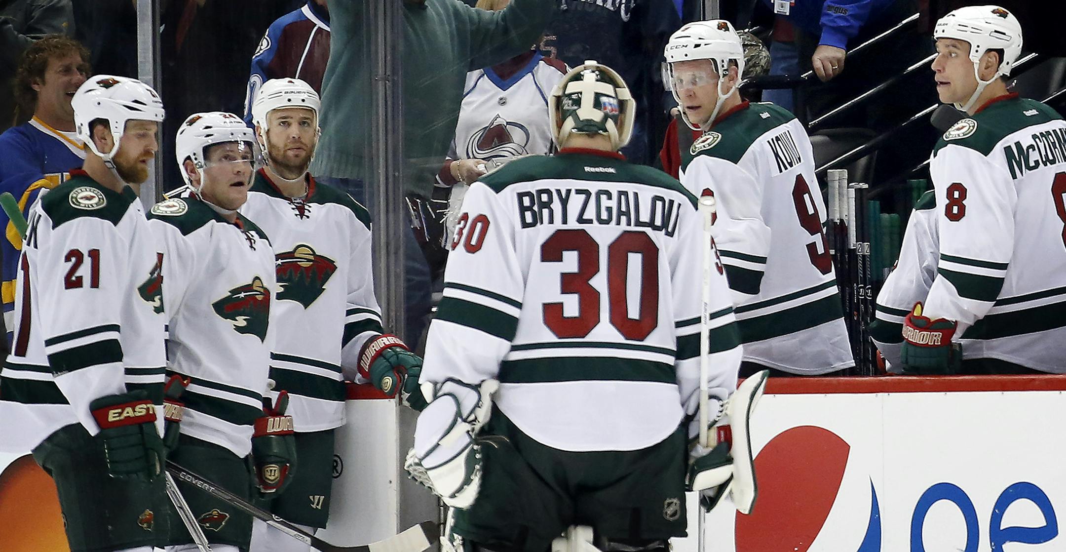 Minnesota Wild goalie Ilya Bryzgalov (30) skated off the ice at the end of the game. Colorado beat Minnesota by a final score of 5-4 in overtime. ] CARLOS GONZALEZ cgonzalez@startribune.com - April 17, 2014, Denver, Colorado, Pepsi Center, NHL, Minnesota Wild vs. Colorado Avalanche, Stanley Cup Playoffs round 1, Game 1