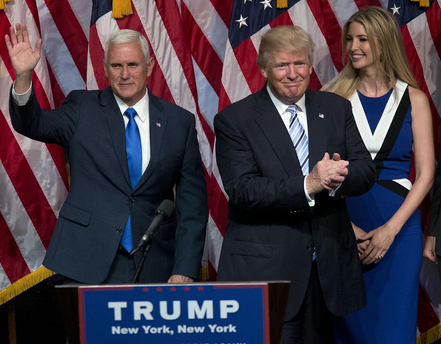 Republican presidential candidate Donald Trump, second from left, and Gov. Mike Pence, R-Ind., left, are joined by Ivanka Trump second from right, and her husband Jared Kushner, during a campaign event to announce Pence as the vice presidential running mate on, Saturday, July 16, 2016, in New York. Trump introduced Pence as his running mate calling him "my partner in this campaign" and his first and best choice to join him on a winning Republican presidential ticket. (AP Photo/Mary Altaffer)