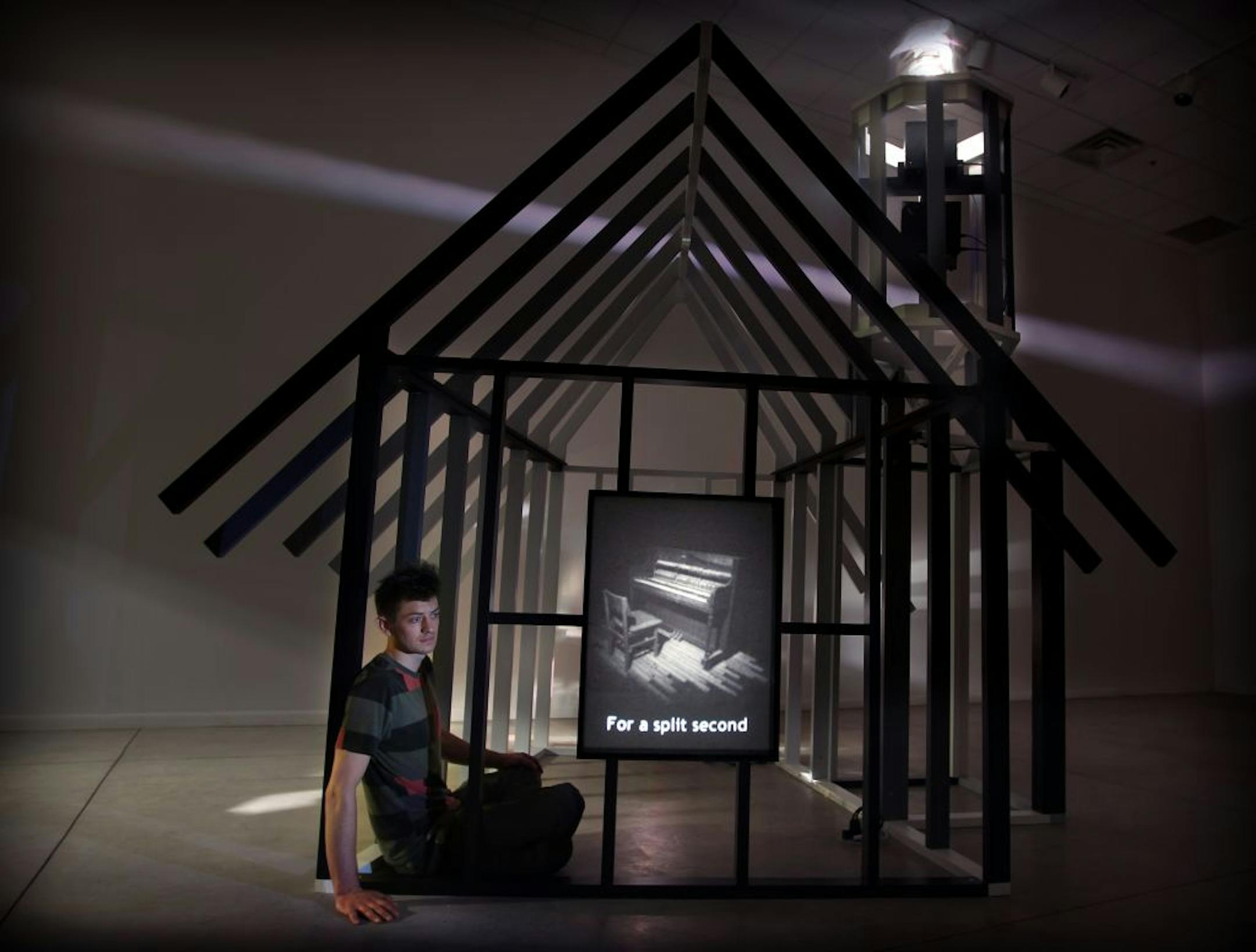 Jonathan Bruce Williams' sculptural installation "Sighthouse" includes a stop-motion animation of an old upright piano being rapidly assembled and disassembled.