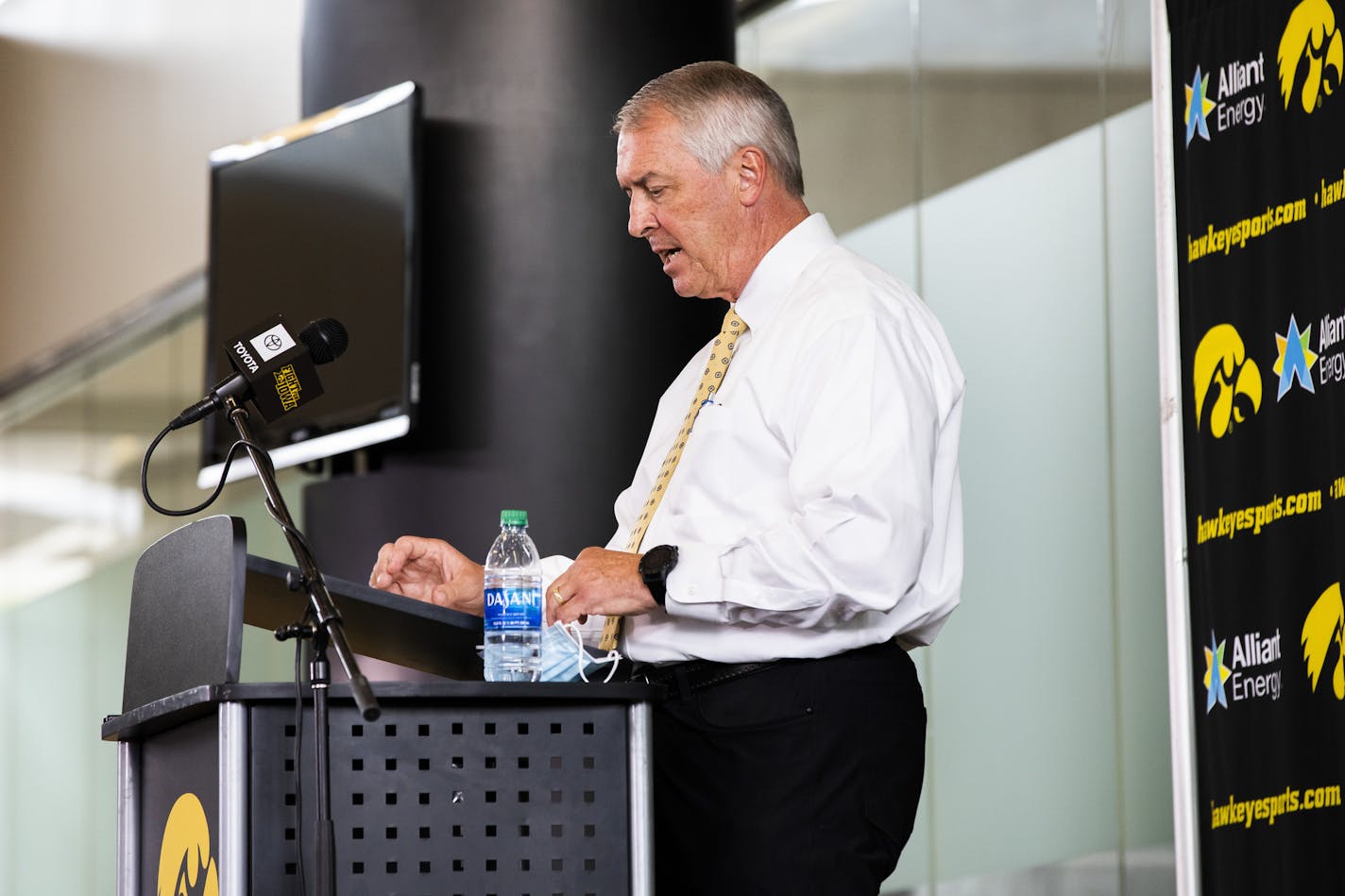 Iowa Athletic Director Gary Barta addresses the media during a press conference at Carver-Hawkeye Arena on Thursday, July 30, 2020 in Iowa City, Iowa. Barta discussed the Husch Blackwell review of the Iowa football program that investigated racial bias against Black players. (Katina Zentz/The Des Moines Register via AP )