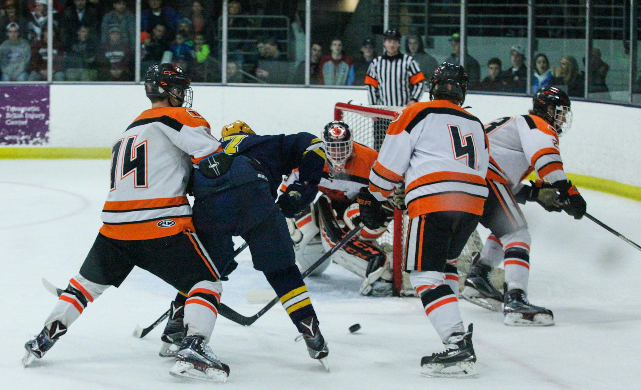 Delano High School Jackson Hjelle (29) blocks the opponents' shot in the first period. ] XAVIER WANG • xavier.wang@startribune.com Game action from an Minnesota Boys Section 2A Tournament hockey game between the Breck School and the Delano Thursday. March, 2. 2017 at Parade Ice Garden in Minneapolis.