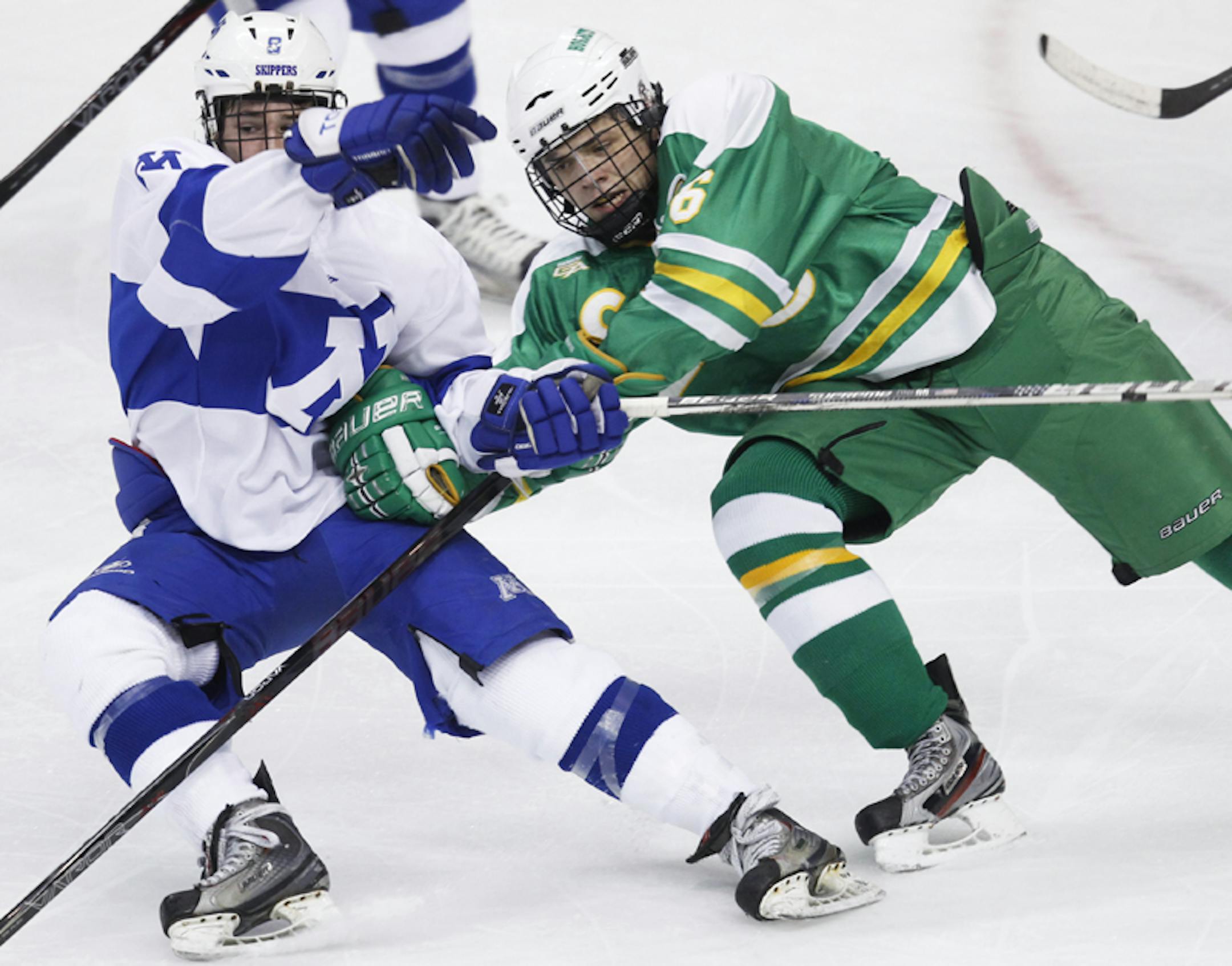 There will be plenty of talent on the ice when Edina and Minnetonka hook up. Senior defenseman Matt Nelson, right, is a big part of a stacked Hornets team that is No. 1 in the Star Tribune's preseason rankings, while senior forward Max Coatta, left, leads the fourth-ranked Skippers.