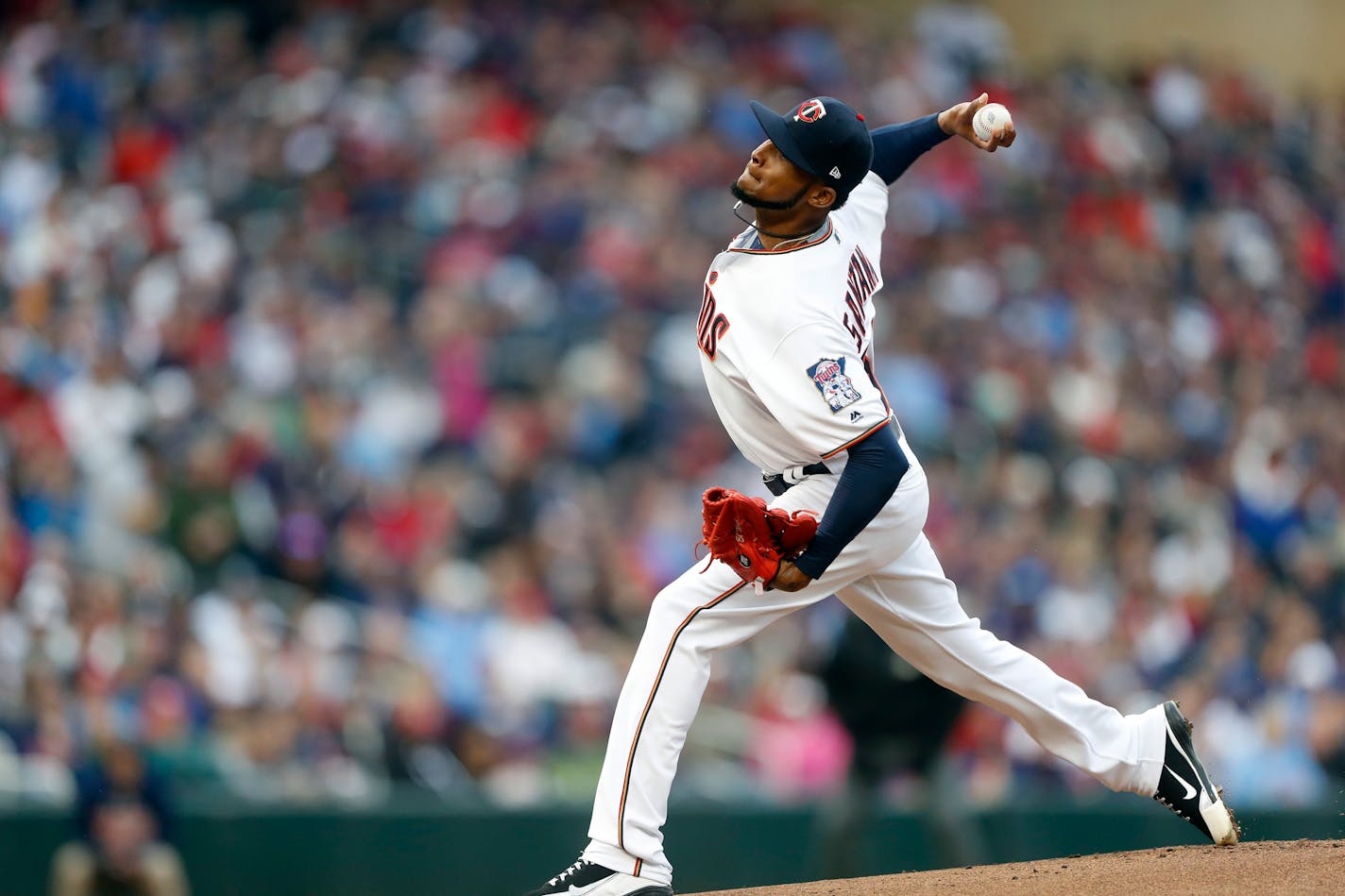 Twins pitcher Ervin Santana throws a pitch in the first inning against the Kansas City Royals on Monday, April 3, 2017 at Target Field