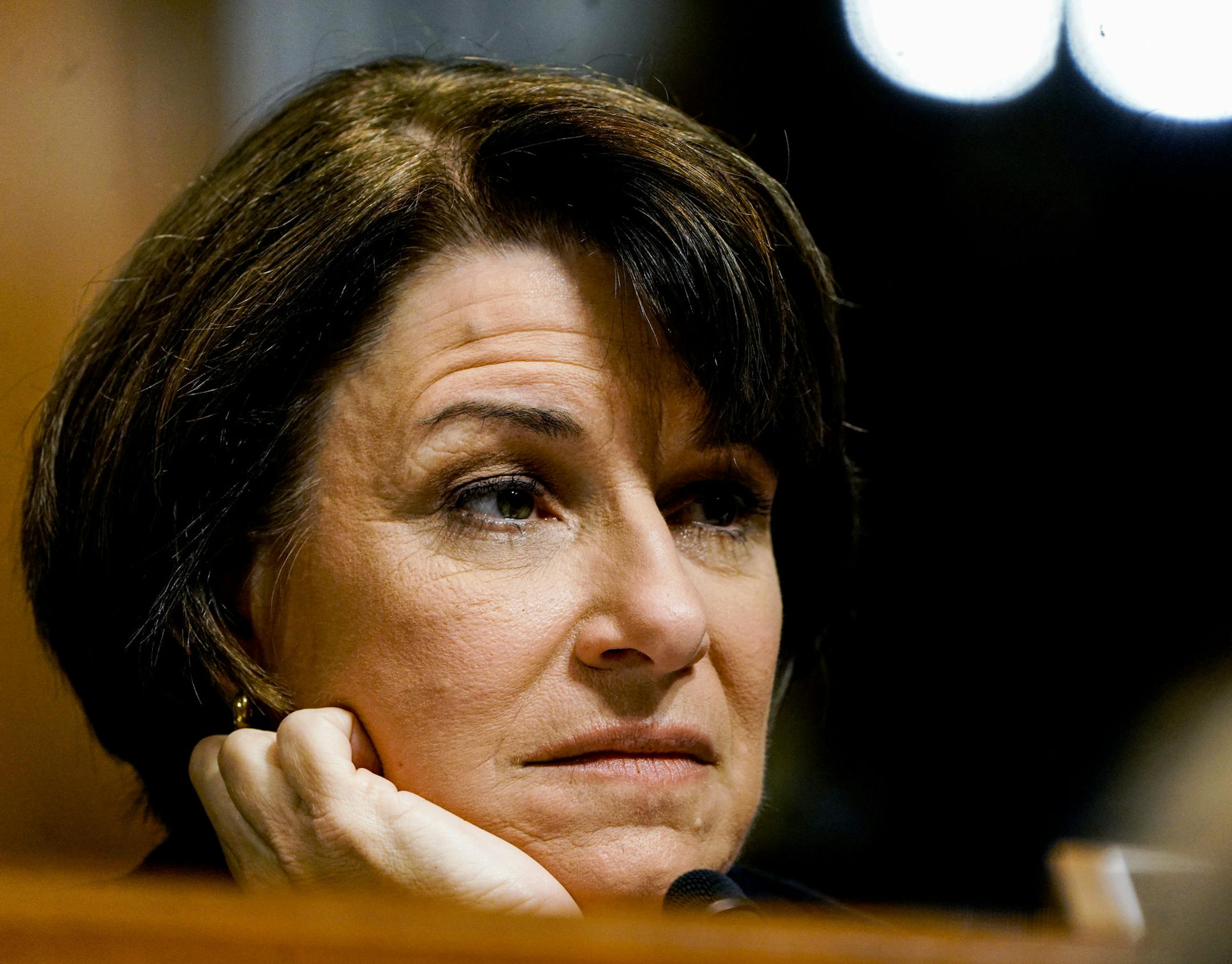 Sen. Amy Klobuchar listens as Christine Blasey Ford testifies before the Senate Judiciary Committee on Capitol Hill in Washington, Thursday, Sept. 27, 2018. (Melina Mara /The Washington Post via AP, Pool)