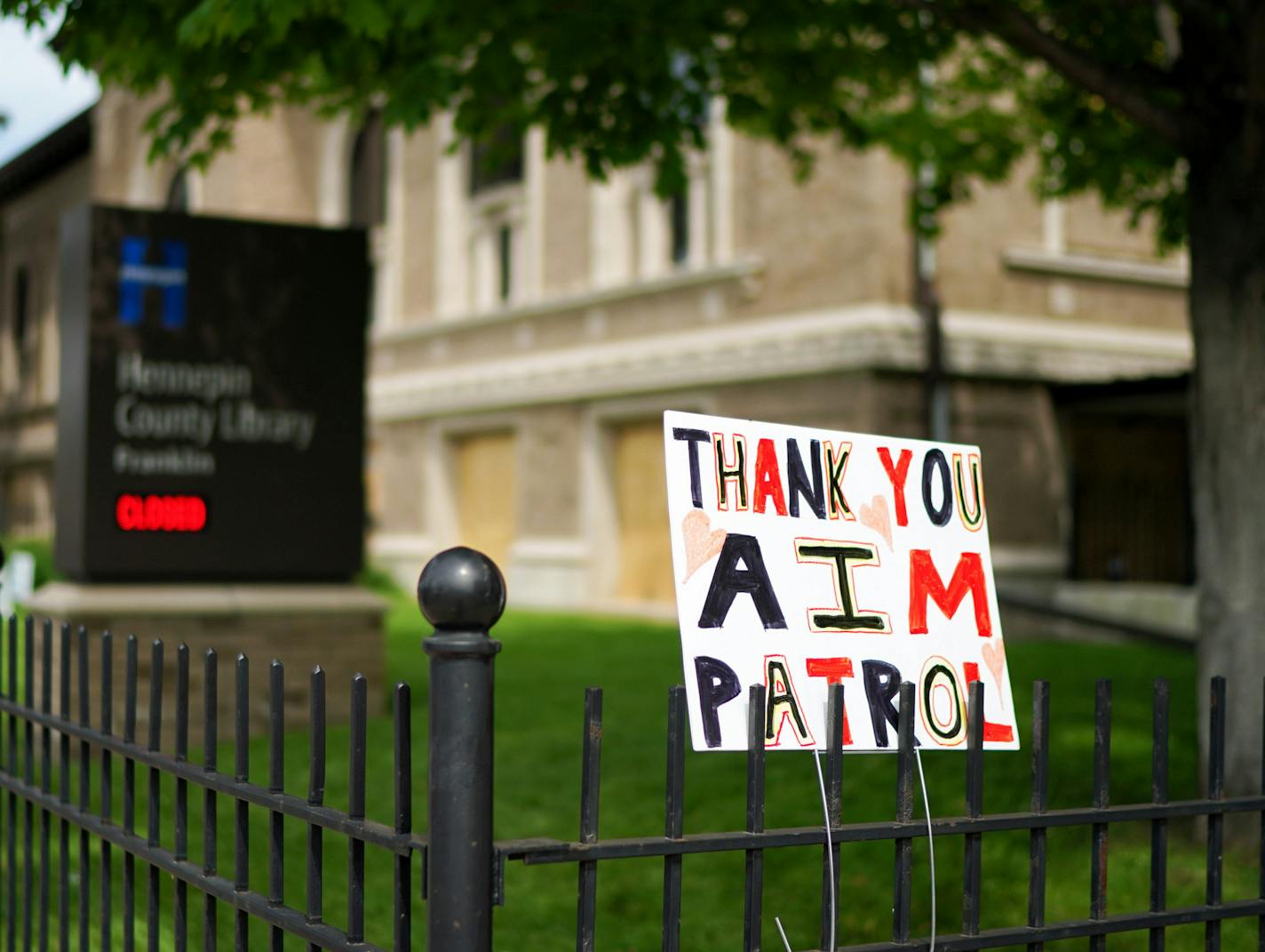 A thank you note to AIM Patrol outside the Franklin Library. ] GLEN STUBBE • glen.stubbe@startribune.com Tuesday, June 9, 2020 Pow Wow Grounds is best known for its wild rice soup and Indian tacos. But during the recent violence that swept the Twin Cities, its Minneapolis parking lot was converted into the hub of an American Indian Movement (AIM) patrol credited with saving dozens of businesses and nonprofits on east Franklin Ave. area. Up to 300 people would gather each night for a free meal, p