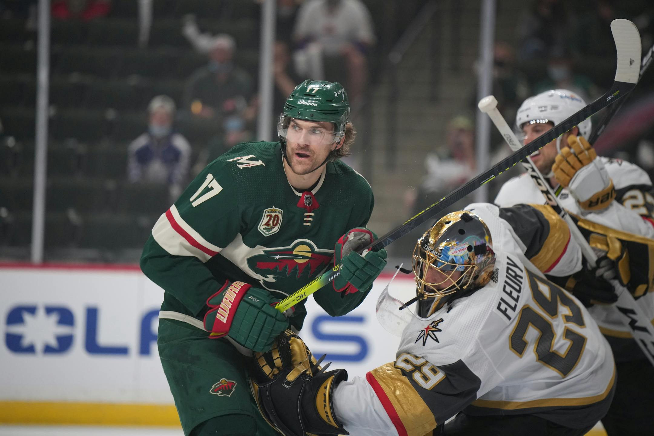 Vegas Golden Knights goalie Marc-Andre Fleury (29), right, tries to defend the goal from Minnesota Wild left wing Marcus Foligno (17) during the first period of Game 4 of their NHL first round Stanley Cup hockey playoff series. ] JEFF WHEELER • jeff.wheeler@startribune.com