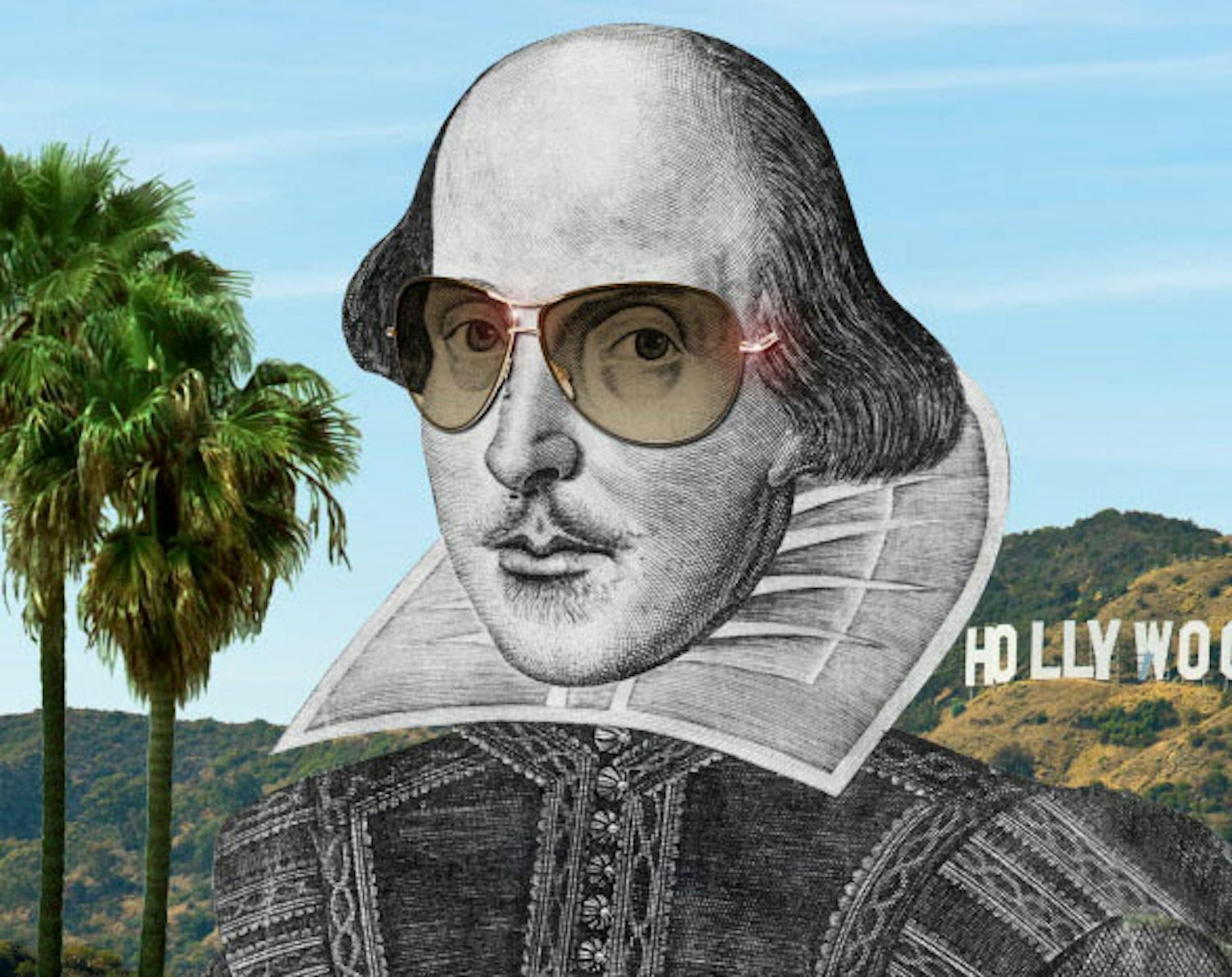 Illustration of William Shakespeare engraving appearing with sunglasses with the iconic Hollywood sign appearing on the hill behind him..