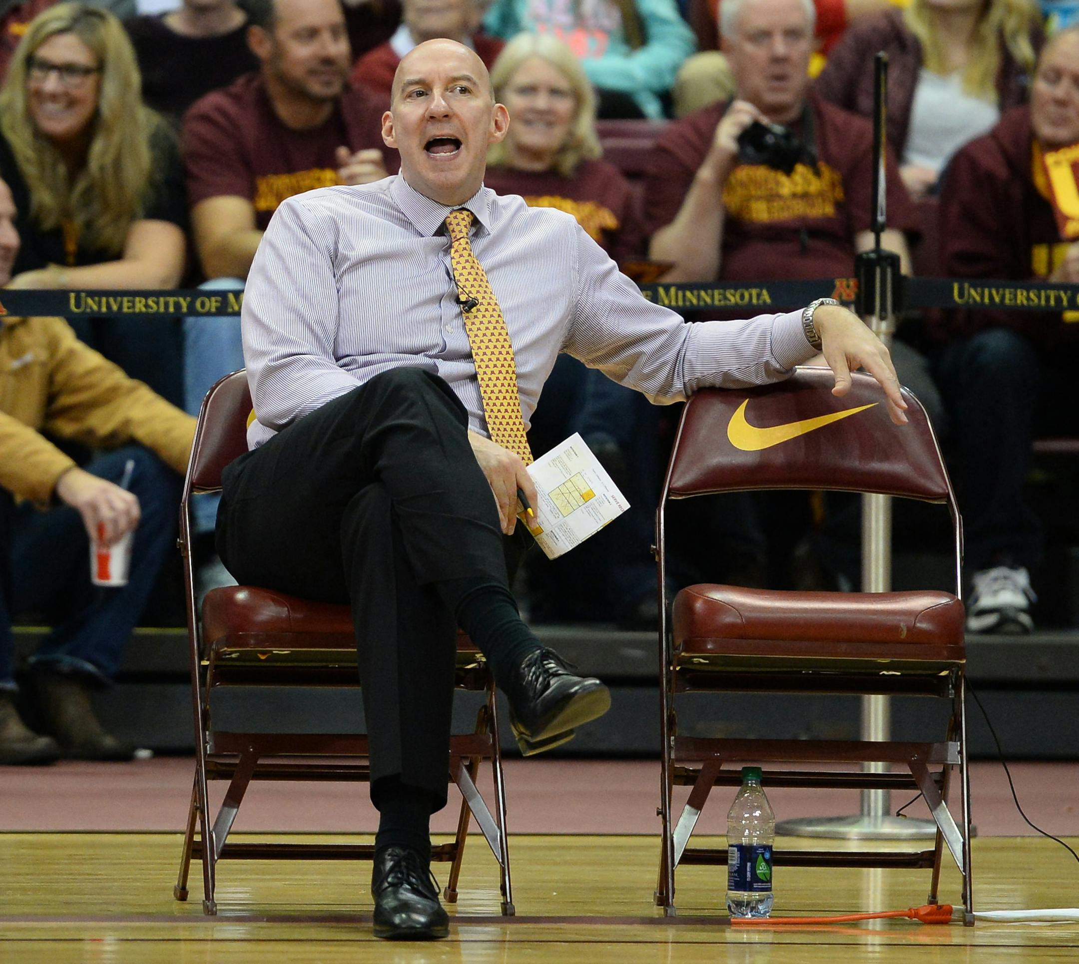 Minnesota volleyball head coach Hugh McCutcheon watched the team play in the third period against Indiana. ] (AARON LAVINSKY/STAR TRIBUNE) aaron.lavinsky@startribune.com The University of Minnesota Gophers volleyball team (No. 4) played the Indiana Hoosiers on Wednesday, Oct. 28, 2015 at the University of Minnesota Sports Pavilion.