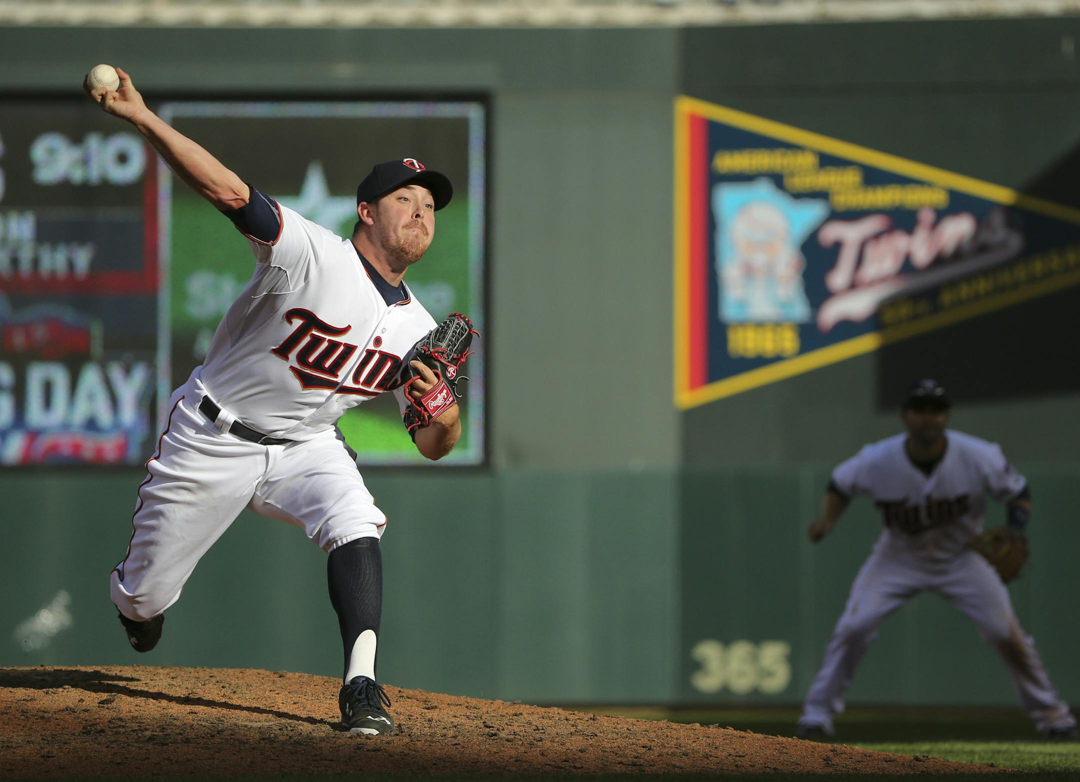 Twins relief pitcher J.R. Graham in the eighth inning Monday afternoon at Target Field. He hit one batter and walked in a run. ] JEFF WHEELER ï jeff.wheeler@startribune.com The Minnesota Twins lost their home opener 12-3 to the Kansas City Royals Monday afternoon, April 13, 2015 at Target Field in Minneapolis.