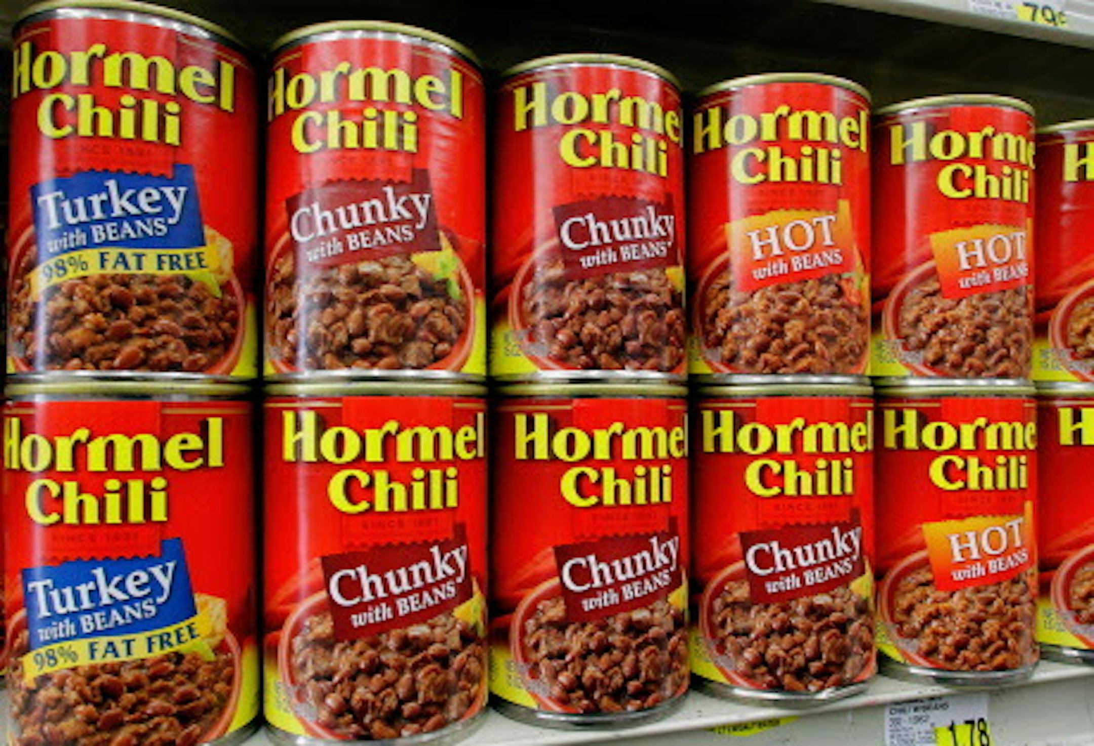 In this photo taken Aug. 23, 2011, cans of Hormel chili are displayed on a grocery store shelf, in Springfield, Ill. Hormel Foods Corp.'s fiscal third-quarter net income climbed 15 percent Thursday, Aug. 25, 2011, on solid sales of its grocery items and Jennie-O turkey products as well as strength abroad. (AP Photo/Seth Perlman)