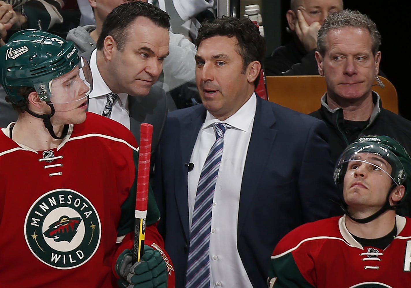 Minnesota Wild interim head coach John Torchetti spoke with Andrew Brunette in the second period. ] CARLOS GONZALEZ cgonzalez@startribune.com - March 10, 2016, St. Paul, MN, Xcel Energy Center, NHL, Minnesota Wild vs.