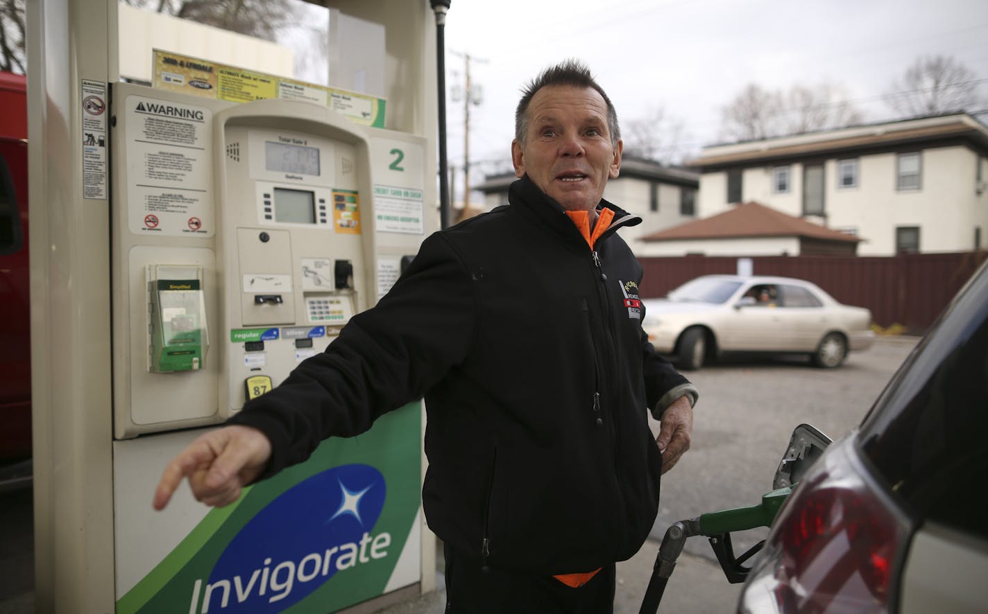 Danny Ripka filled up his tank at the BP on Lyndale Ave. S. & W. 36th St. Thursday afternoon. ""This is unreal!" exclaimed Danny Ripka as he filled up this tank Thursday afternoon. "I live about a mile from here but I drive past here every day on my way to the lakes and this is the cheapest place around." ] JEFF WHEELER &#x2022; jeff.wheeler@startribune.com Gas has dipped below $2 a gallon at a few Twin Cities gas stations, such as the BP on Lyndale Ave. S. & W. 36th St. in south Minneapolis whe