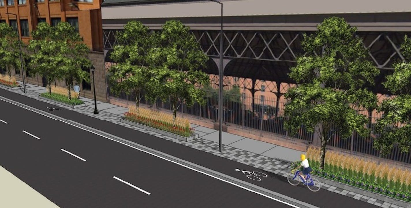 This illustration shows a revamped westbound section of Washington Avenue near 3rd Avenue S. Bikers would use a cycle track above the curb, but be separated by rougher paving, trees and planters from pedestrians.