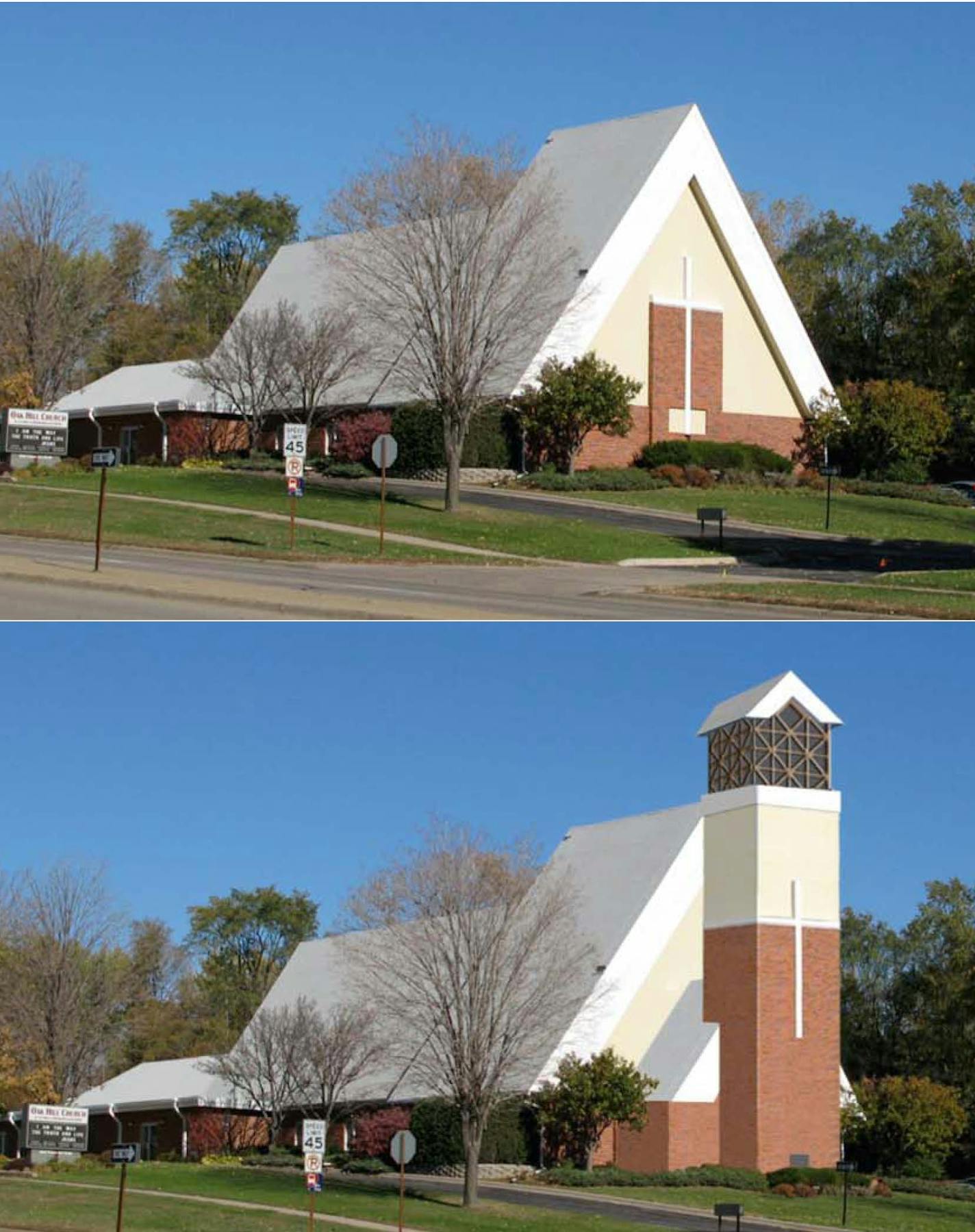 A Verizon wireless antenna that is proposed for Oak Hill Lutheran Brethren Church at 90th Street and France Avenue. The antenna would be hidden in a brick bell tower joined to one end of the church building, matching the existing architecture.