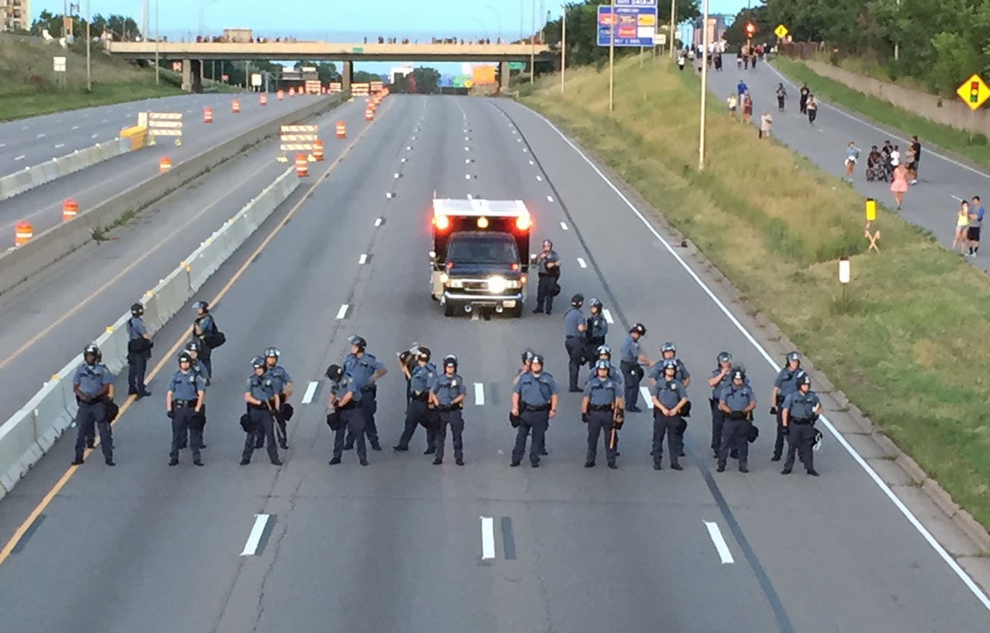 Marchers protesting the Wednesday night shooting death of Philando Castile by police have blocked part of Interstate 94 west of downtown St. Paul Saturday evening. Traffic was stacked in a thick logjam as early as 7 p.m., with the eastbound lanes mostly unmoving. About 7:30 p.m. Saturday, police and the State Patrol were diverting all traffic off eastbound I-94 at the Lexington Avenue exit, with scant traffic traveling in the opposite direction on westbound I-94. Marchers were refusing police or