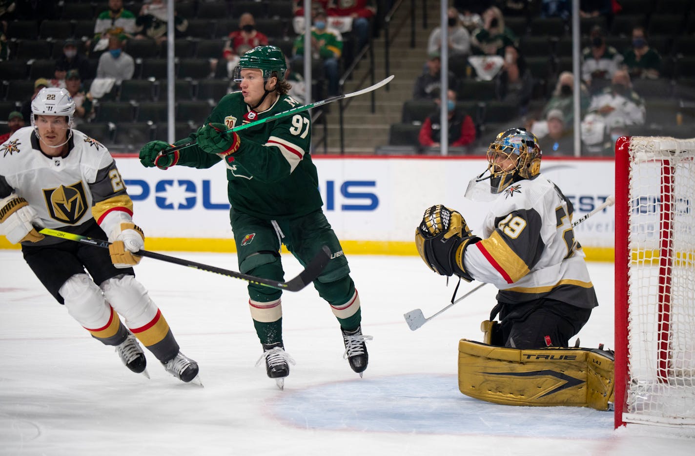 Minnesota Wild left wing Kirill Kaprizov (97) in front of Vegas Golden Knights goaltender Marc-Andre Fleury (29) in the first period while Vegas Golden Knights defenseman Nick Holden (22) defended. ] JEFF WHEELER • jeff.wheeler@startribune.com