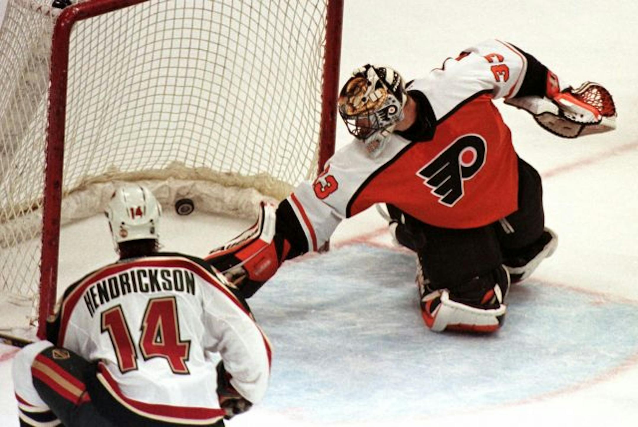 Center Darby Hendrickson sent the puck past Flyers goalie Brian Boucher for the first goal in Wild franchise history on Oct. 11, 2000.