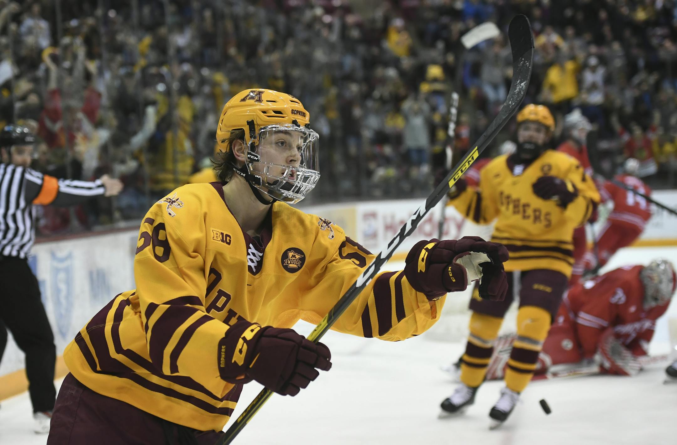 Minnesota Gophers forward Sampo Ranta (58) reacted after scoring a second period goal against the Ohio State Buckeyes. ] Aaron Lavinsky • aaron.lavinsky@startribune.com The University of Minnesota Golden Gophers played The Ohio State University Buckeyes on Saturday, Jan. 25, 2020 at the 3M Arena at Mariucci in Minneapolis, Minn.