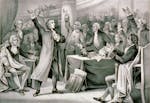 A photo provided by the Library of Congress shows an artist’s depiction of the revolutionary hero Patrick Henry at Virginia’s convention on ratify