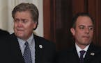 Steve Bannon, chief White House strategist to President Donald Trump, left, and White House Chief of Staff Reince Priebus, stand together in the East 
