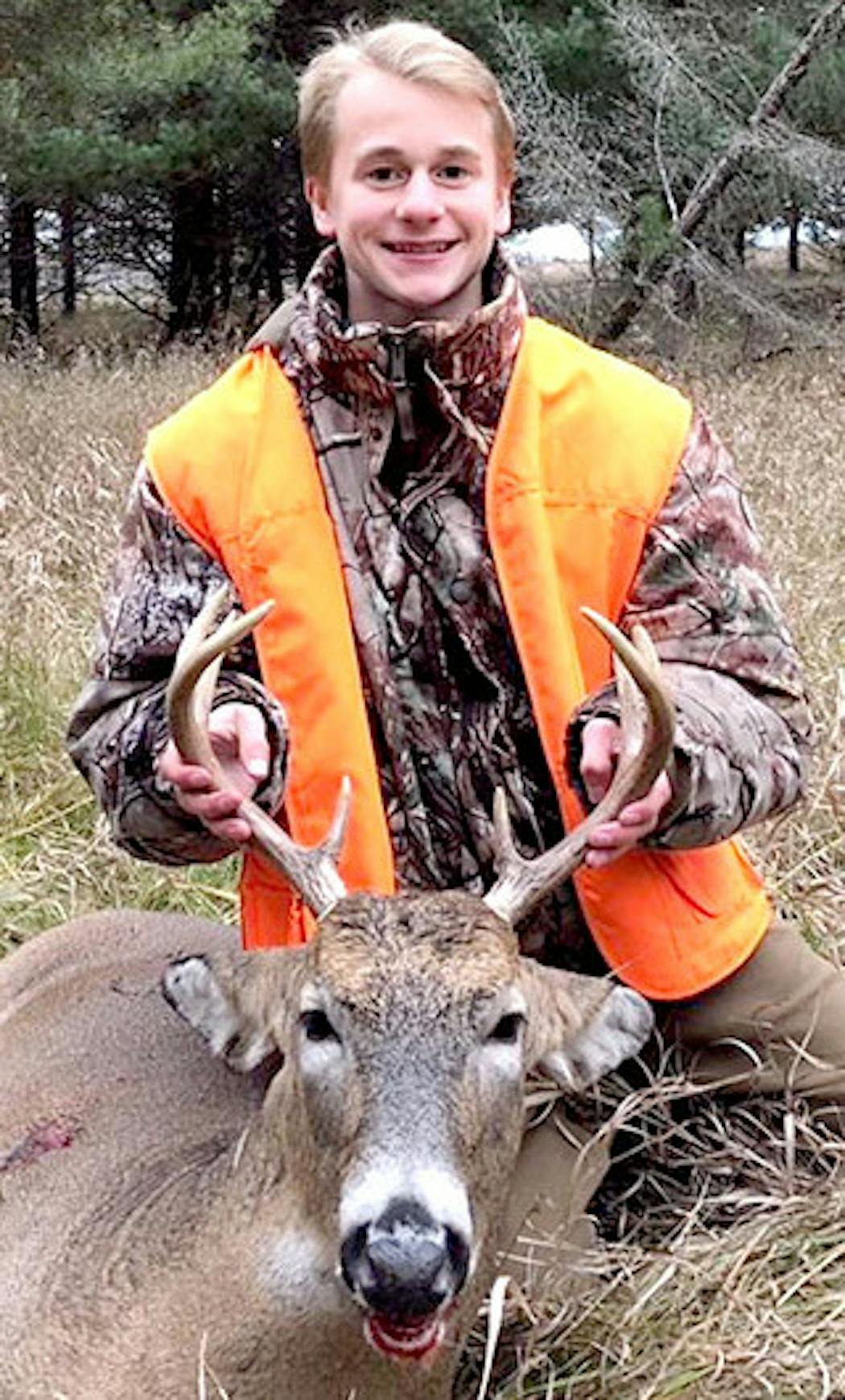This buck was moving through the pine trees near Rose City, Minn., when Lance Zemke, 14, of Baxter, Minn., took aim with a 12-gauge shotgun. It was the second buck harvested by Lance in his brief hunting career.