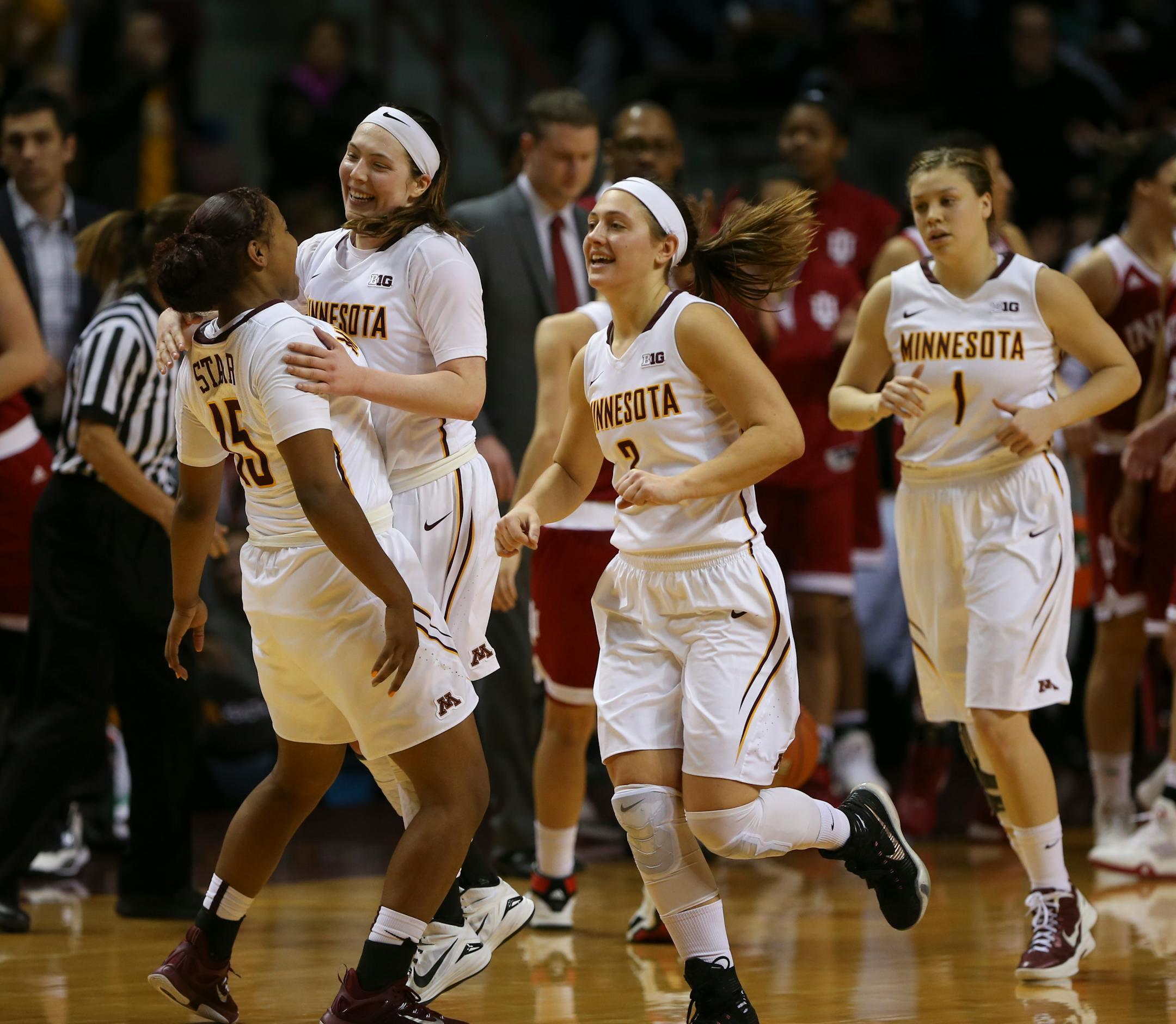Gophers guard Allina Starr (15) congratulated guard Mikayla Bailey on her game-winning three-points with 18 seconds left, lifting Minnesota over Indiana 78-76 at Williams Arena on Sunday.