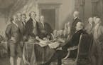 This 1876 engraving by W.L. Ormsby shows a version of the painting "Declaration of Independence, July 4th, 1776" by John Trumbull. To many, the notion
