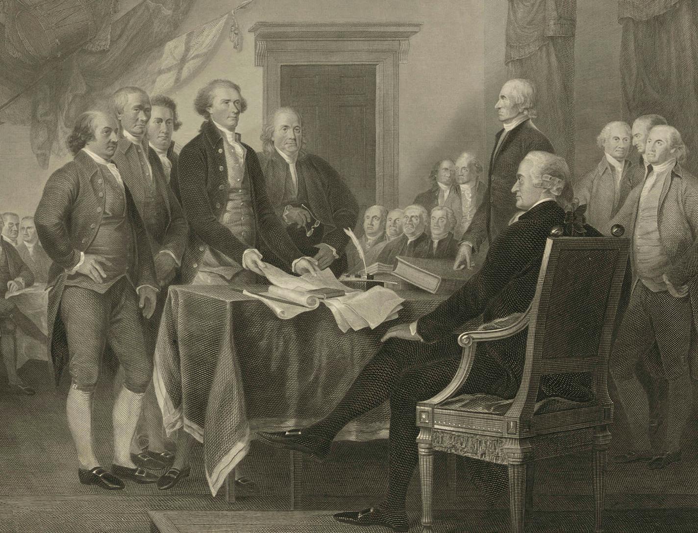 This 1876 engraving by W.L. Ormsby shows a version of the painting "Declaration of Independence, July 4th, 1776" by John Trumbull. To many, the notion of white men being marginalized in the early 21st century is ludicrous, their history seemingly a study in power and privilege, from the Founding Fathers to the "Mad Men" era and up through their continued dominance in boardrooms and government. Yet, they have suffered some real losses, even as they maintain advantages. (W.L. Ormsby/Library of Con