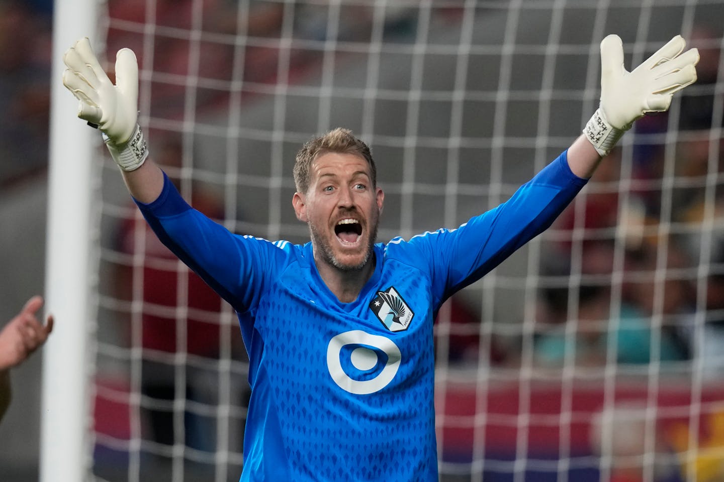 Minnesota United goalkeeper Clint Irwin reacts during the second half of the team's MLS soccer match against Real Salt Lake on Saturday, June 24, 2023, in Sandy, Utah. (AP Photo/Rick Bowmer)