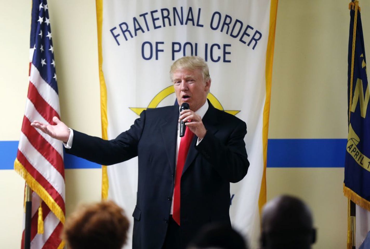 Republican presidential candidate Donald Trump speaks to retired and active law enforcement personnel at a Fraternal Order of Police lodge during a campaign stop in Statesville, N.C., Thursday, Aug. 18, 2016.