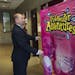 Centennial School Superintendent Paul Stremick shows what the lockers would look like with this sample mockup in the hallway just outside the schools 
