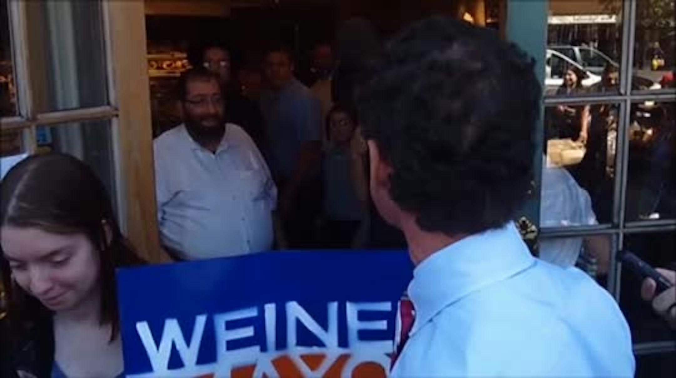 NYC mayoral candidate Anthony Weiner gets into an argument with a bakery customer during a campaign stop.