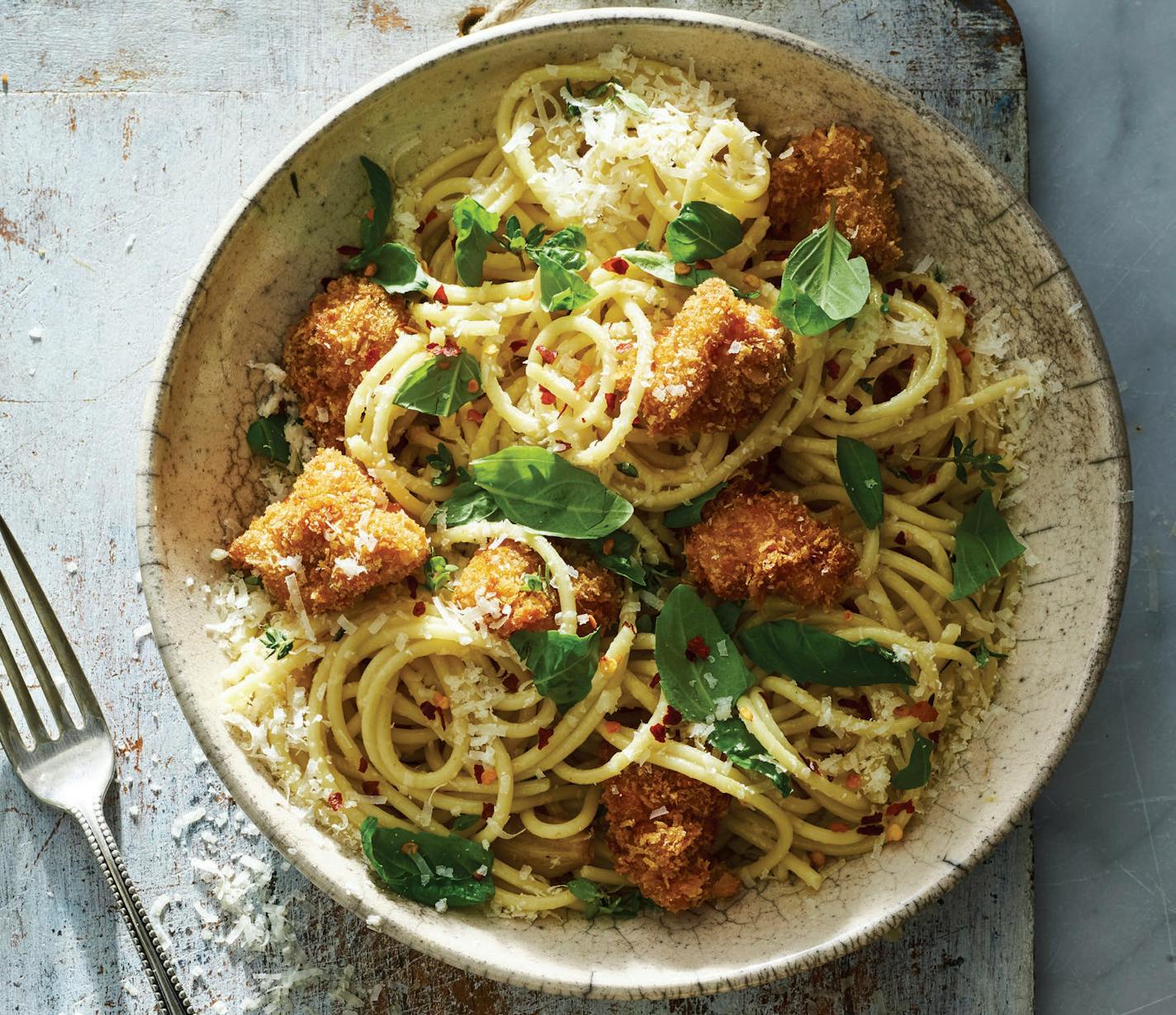 Lemony Spaghetti with Parmesan Popcorn Chicken from Food52/Dynamite Chicken