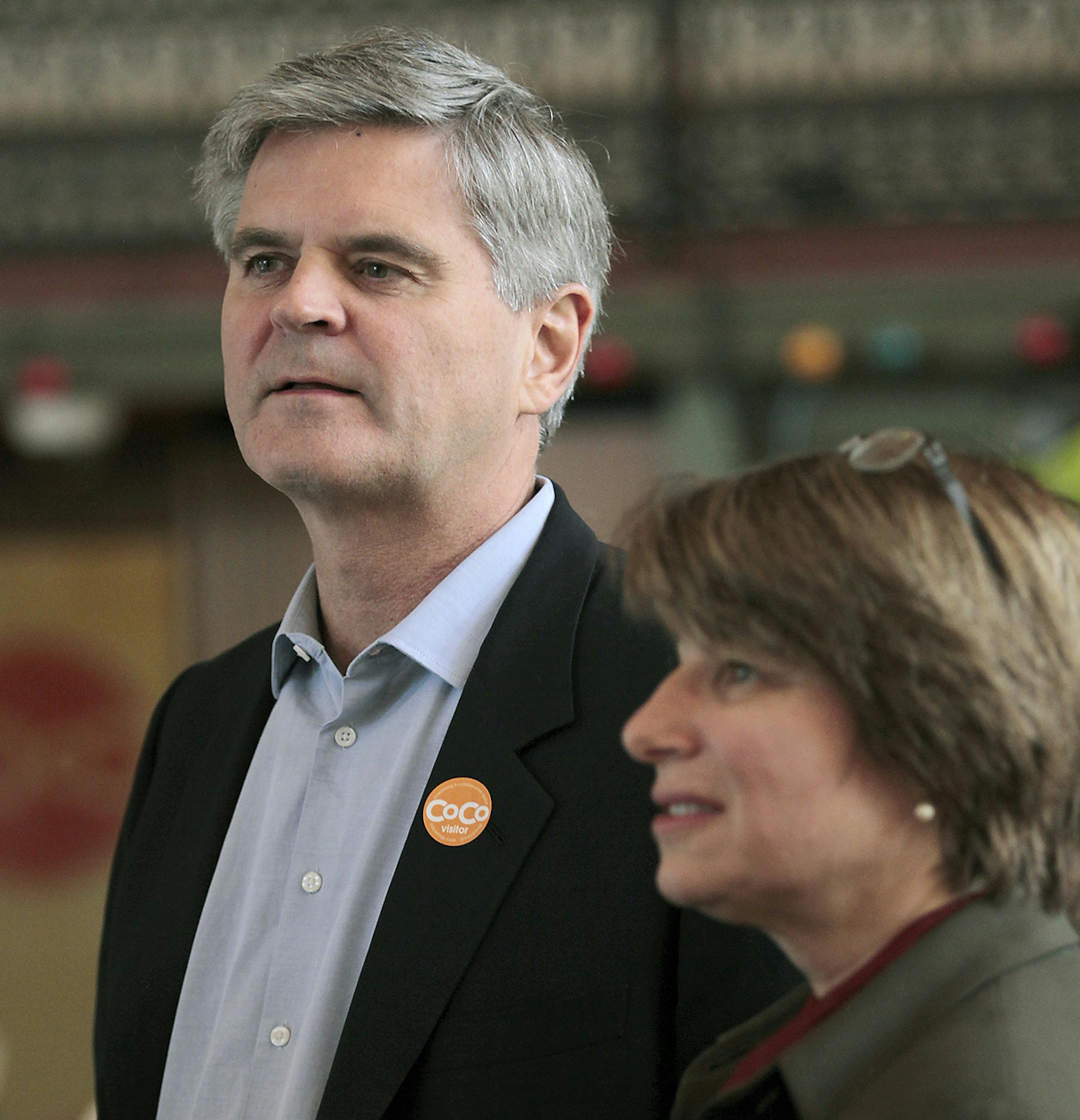 AOL.com founder and startup-business promoter Steve Case, center, and Senator Amy Klobuchar, listened to a business pitch at CoCo's "startup fair," Tuesday, October 7, 2014 at the former Grain Exchange floor in downtown Minneapolis, MN. ] (ELIZABETH FLORES/STAR TRIBUNE) ELIZABETH FLORES • eflores@startribune.com