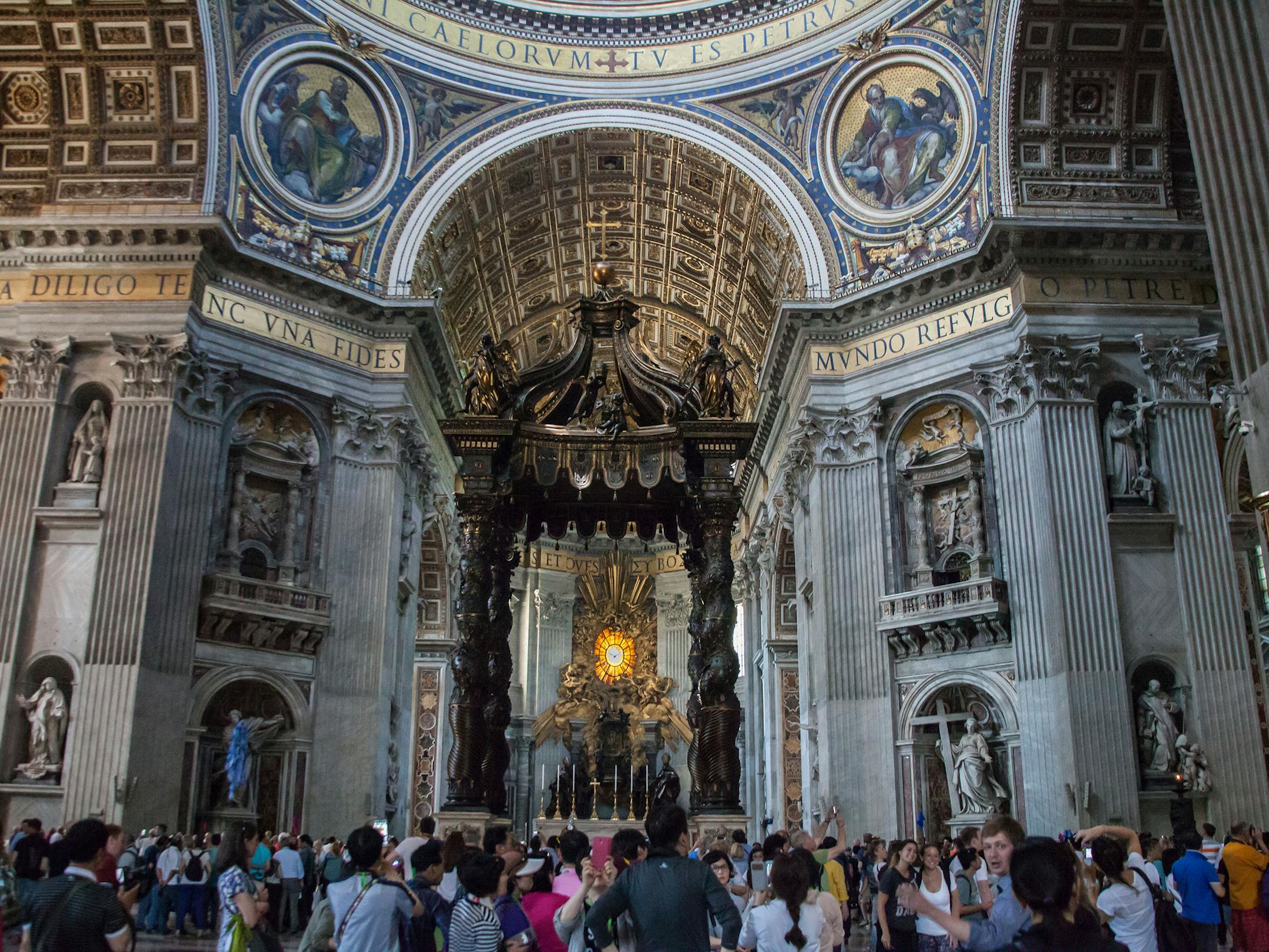 Passes let you bypass lines to get in, but you&#x2019;ll still face crowds inside. Throngs in St. Peter&#x2019;s Cathedral push up to the railing in front of the Baldachin and main altar.