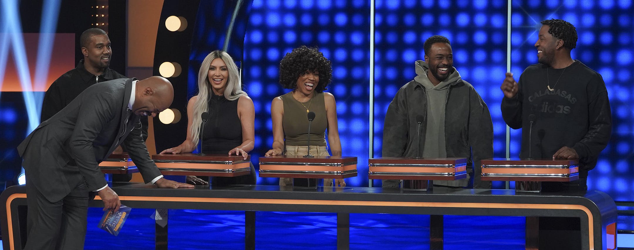 CELEBRITY FAMILY FEUD - "The Kardashian Family vs. The West Family" - The hour-long episode will feature the family that everyone has been waiting to see battle it out on "Celebrity Family Feud," the Kardashian family vs. the West family! The season premiere of "Celebrity Family Feud" airs SUNDAY, JUNE 10 (8:00-9:00 p.m. EDT), on The ABC Television Network. (ABC/Byron Cohen)
KANYE WEST, STEVE HARVEY, KIM KARDASHIAN WEST, KIM WALLACE, JALIL PERAZA, RICKY ANDERSON
