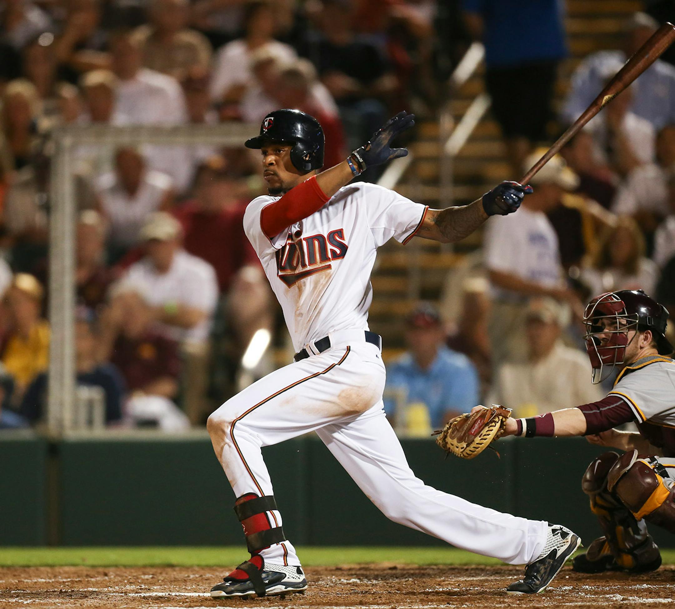 Minnesota Twins center fielder Byron Buxton watched his second double of the game Wednesday night at Hammond Stadium.