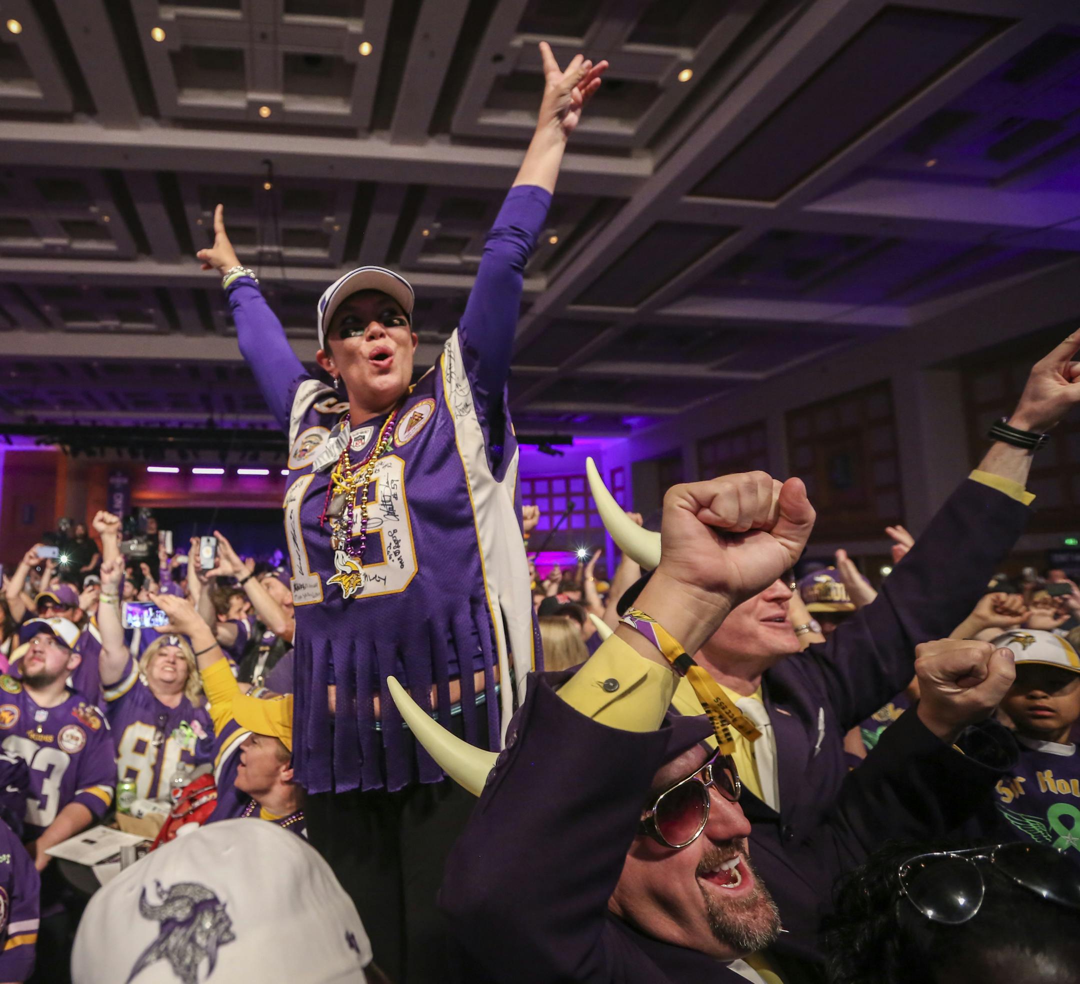 Margi Patton, who came up from Florida to watch the draft with her Vikings friends, celebrated as the Vikings draft Trae Waynes on Thursday, April 30, 2015, at the Vikings Draft Party at the Convention Center in Minneapolis, Minn. ] RENEE JONES SCHNEIDER &#x2022; reneejones@startribune.com