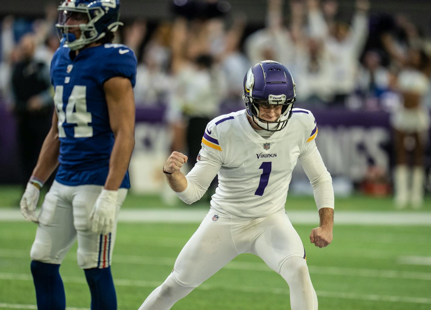 Greg Joseph celebrated after his game-winning (and team-record) 61-yard field goal.