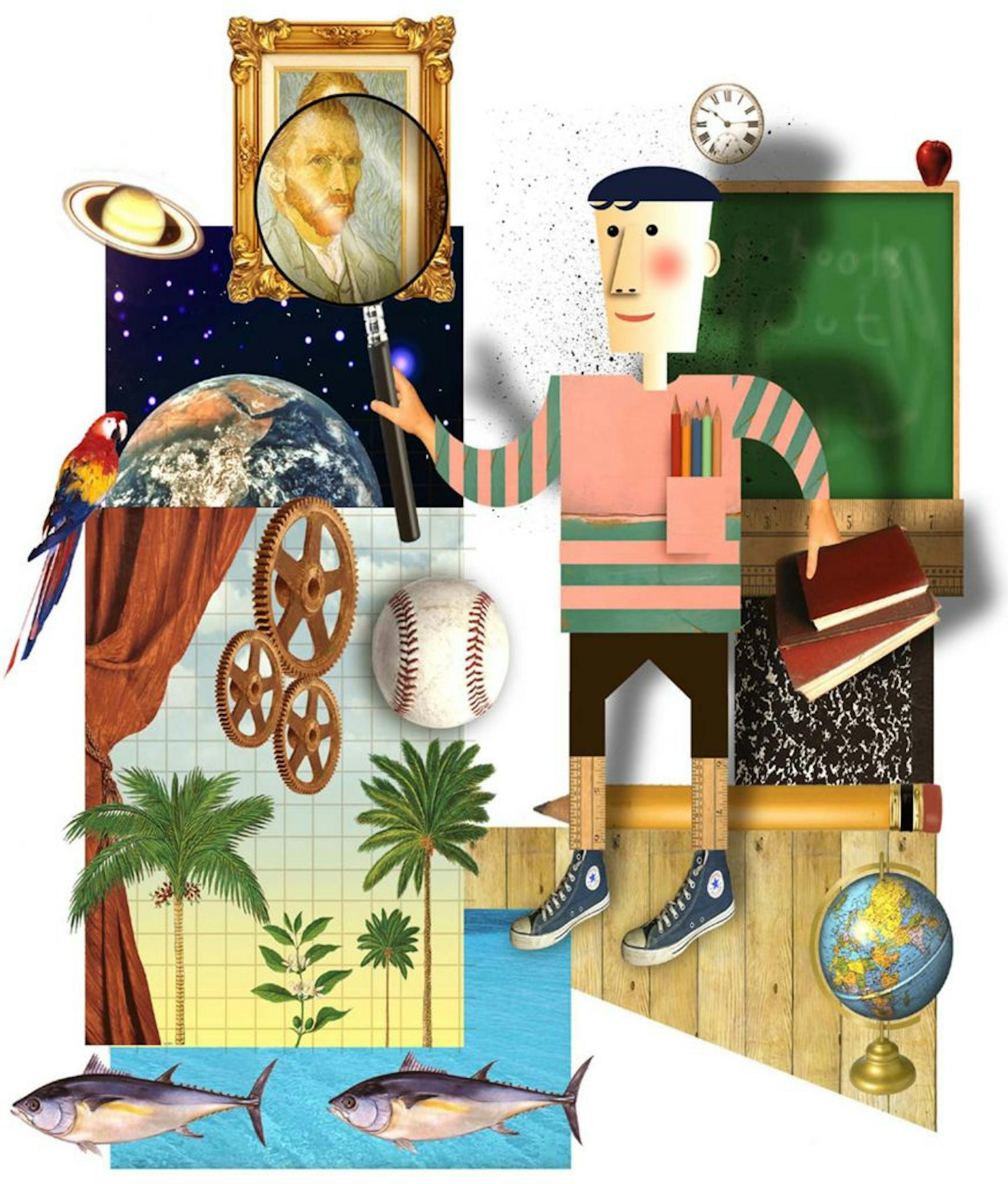 300 dpi 3 col x 6.75 in / 146x171 mm / 497x583 pixels Philip Brooker color illustration of a boy putting his books and classroom behind him to explore art, science, baseball and the outdoors during the summer. The Miami Herald 2002 <p>
KEYWORDS: krtsummer summer camp activity extracurricular student learning education school sports child children kid fish globe gear baseball parrot van gogh magnifying glass palm tree illustration verano estudiante aprender estudio erudicion educacion escuela jov
