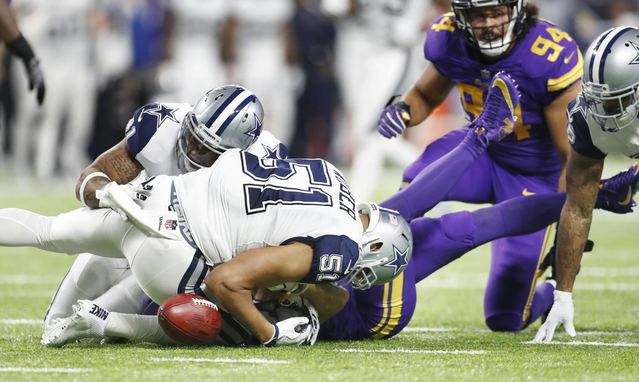 Minnesota Vikings wide receiver Adam Thielen (19) fumbled the ball in the forth quarter , the ball was recovered by Dallas Cowboys outside linebacker Kyle Wilber (51) at U.S. Bank Stadium Thursday December 01,2016 in Minneapolis MN. The Minnesota Vikings hosted the Dallas Cowboys
