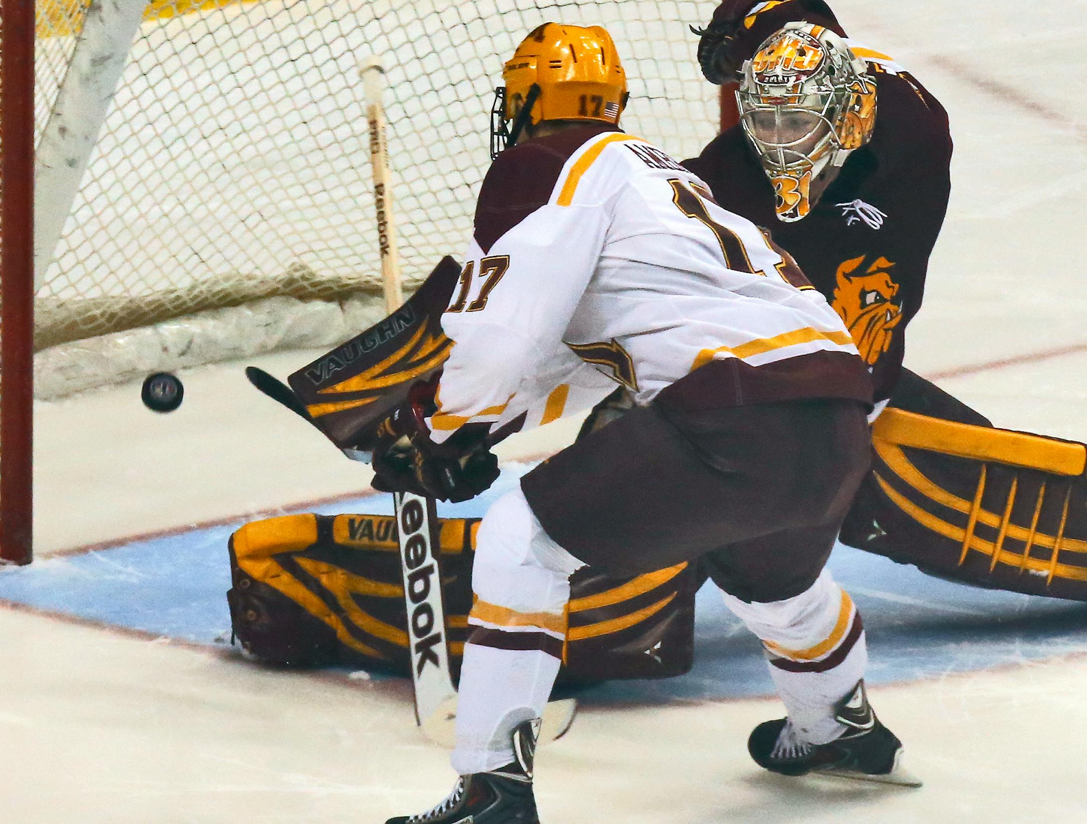 Seth Ambroz scored the winning goal in the shootout, beating Bulldogs goalie Aaron Crandall on the play.