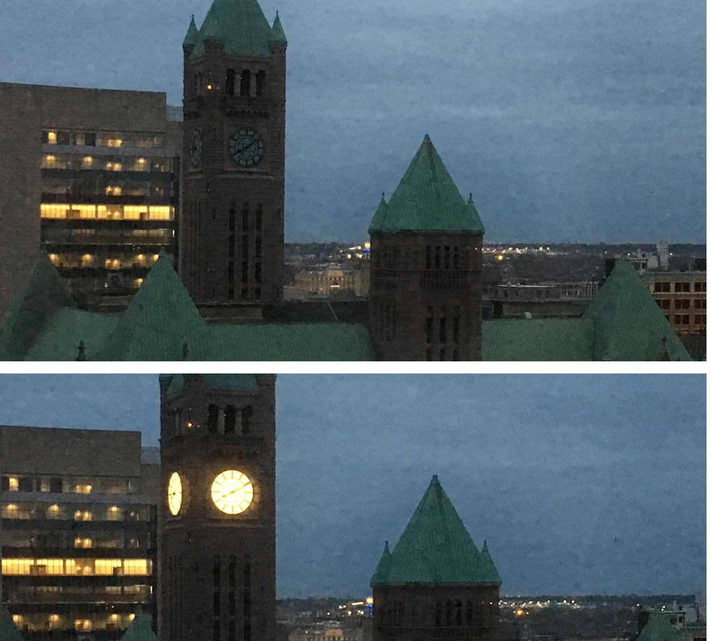 The clock at Minneapolis City Hall was lit again Monday evening.