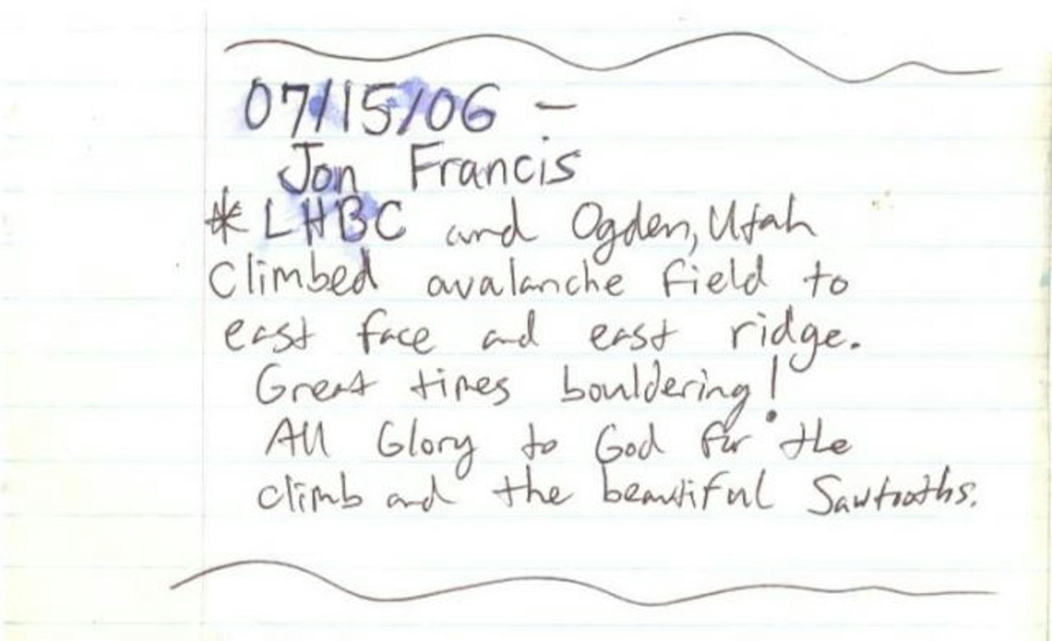 The note Jon Francis left on the mountaintop before he died.