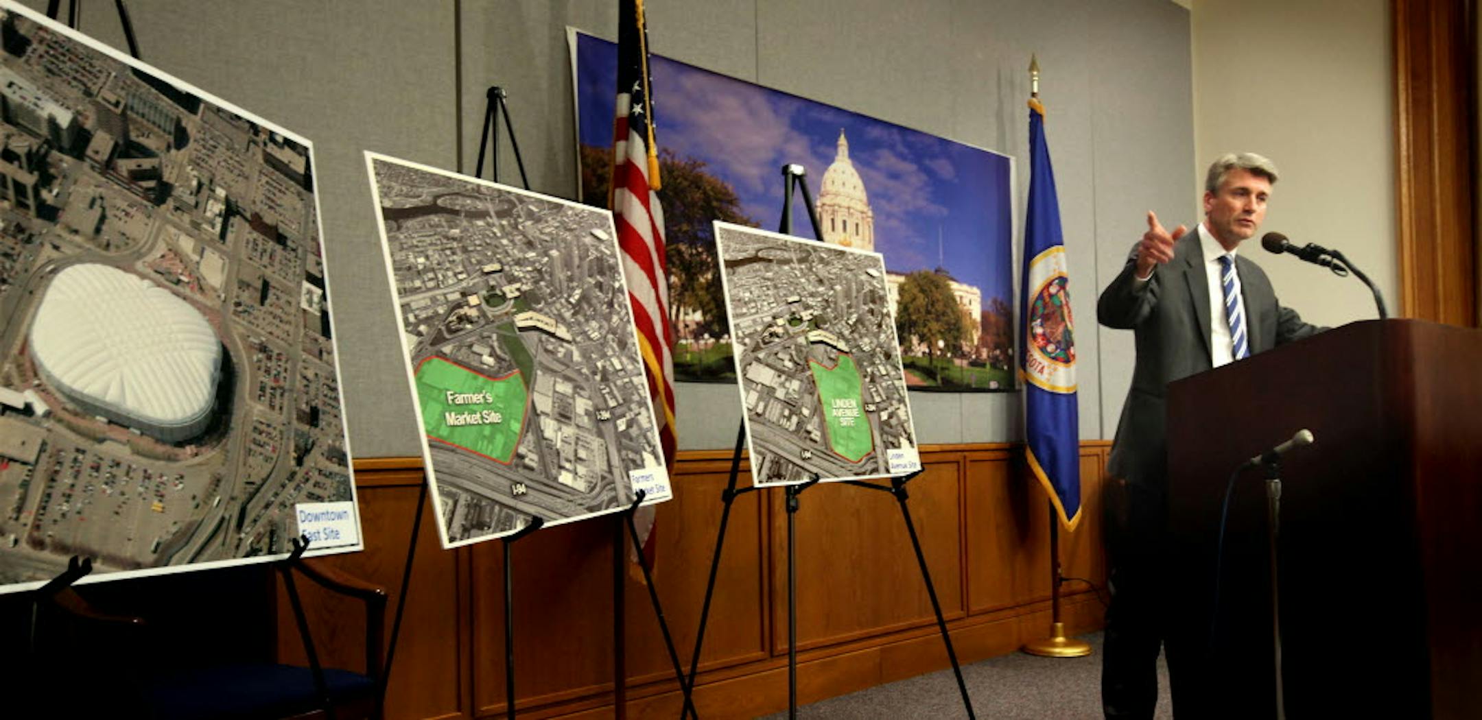 Mayor R.T. Rybak proposed three sites in Minneapolis to build a Vikings stadium. The Downtown East Site surrounds the Metrodome location. The Linden Avenue Site and Farmer's Market Site are located near the intersection of I-94 and I-394.