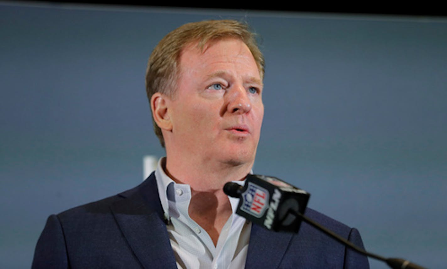 FILE - In this Feb. 3, 2020 file photo NFL Commissioner Roger Goodell speaks during a news conference in Miami. The NFL has set protocols for reopening team facilities and has told the 32 teams to have them in place by May 15. In a memo sent by Goodell and obtained Wednesday, May 6, 2020 by The Associated Press, several phases of the protocols were laid out. The first phase would involve a limited number of non-player personnel, initially 50 percent of the non-player employees (up to a total of 75) on any single day, being approved to be at the facility. But state or local regulations could require a lower number. (AP Photo/Brynn Anderson, file)