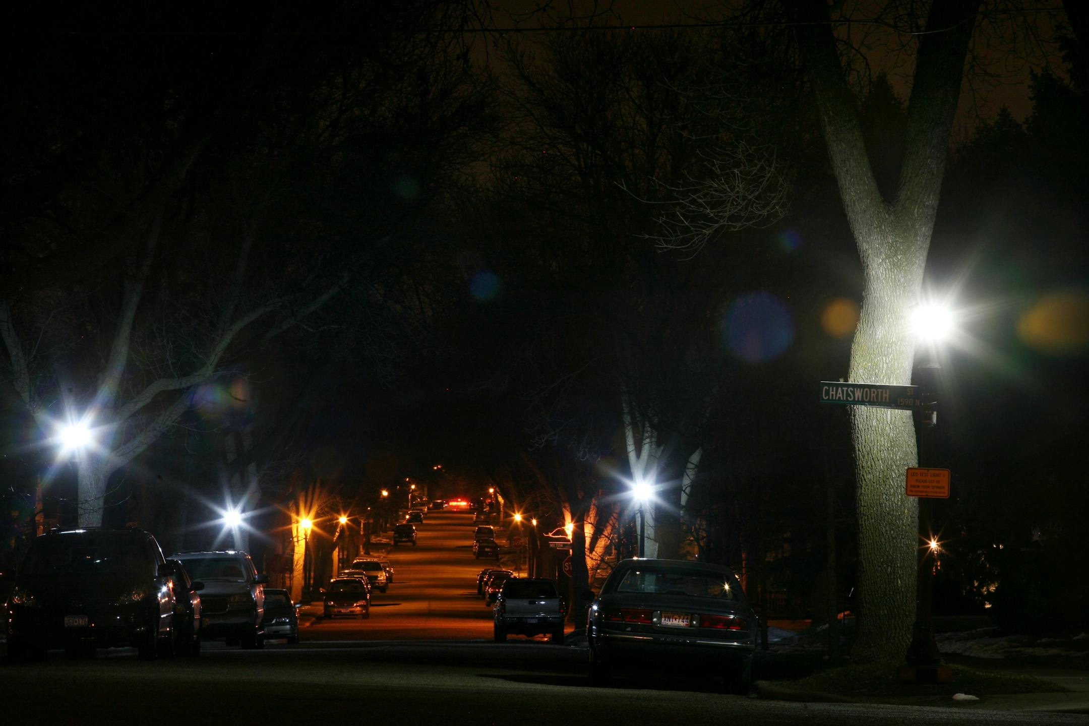 One block of Iowa Avenue, between Chatsworth and Milton streets, is lit with LED (light-emitting diode) streetlights. The lights are brighter and supposedly save on energy costs. The project is a test to see how residents like the lights and whether they might be suitable elsewhere in the city.