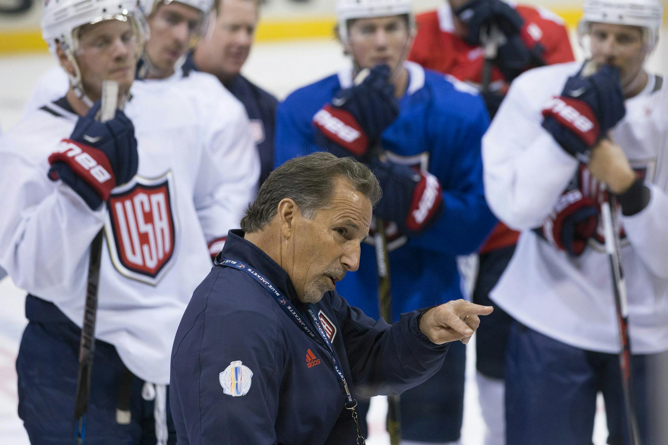 Team USA's head coach John Tortorella speaks to his players during a training session for the World Cup of Hockey in Toronto on Friday, Sept. 16, 2016. (Chris Young/The Canadian Press via AP)