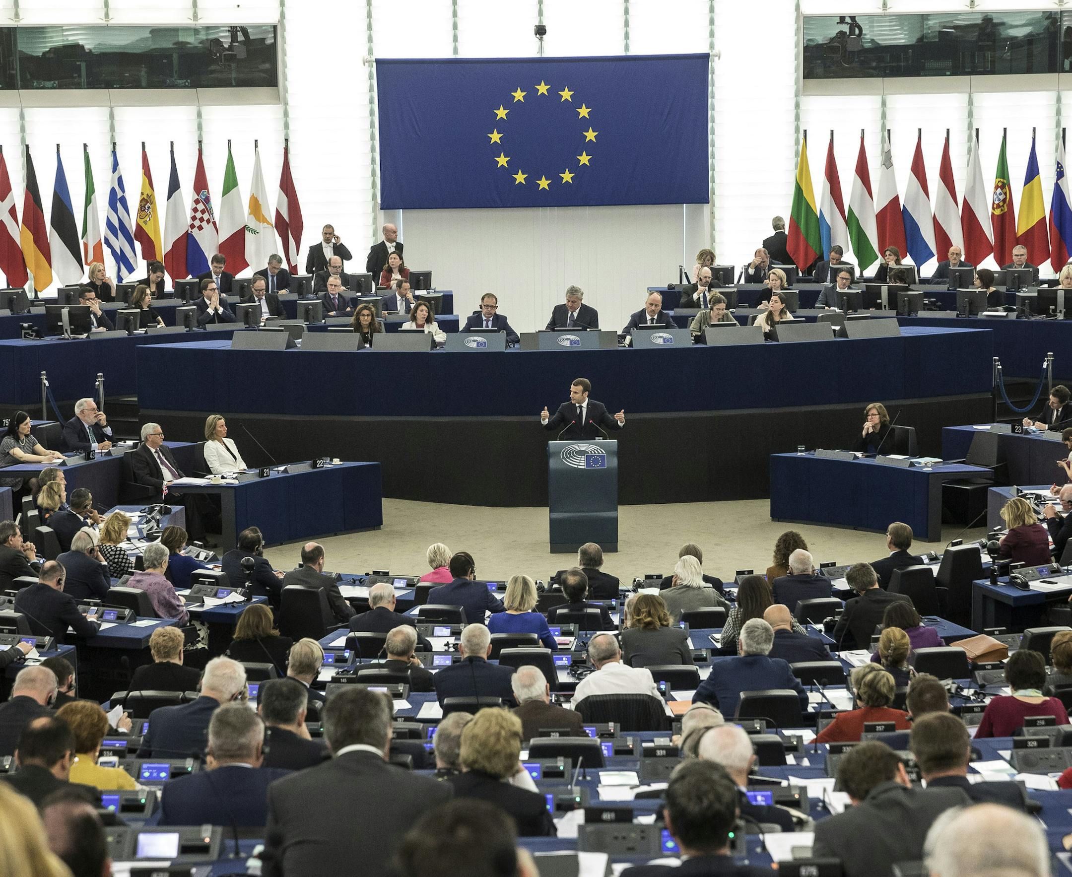 French President Emmanuel Macron delivers his speech at the European Parliament in Strasbourg, eastern France, Tuesday, April 17, 2018. Macron is expected to outline his vision for the future of Europe to push for deep reforms of the 19-nation eurozone and will launch a drive to seek European citizens' opinions on the European Union's future. (AP Photo/ Jean Francois Badias)