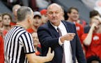 Ohio State coach Thad Matta talks with a referee during their NCAA college basketball game against Wisconsin Thursday, Feb. 23, 2017, in Columbus, Ohi